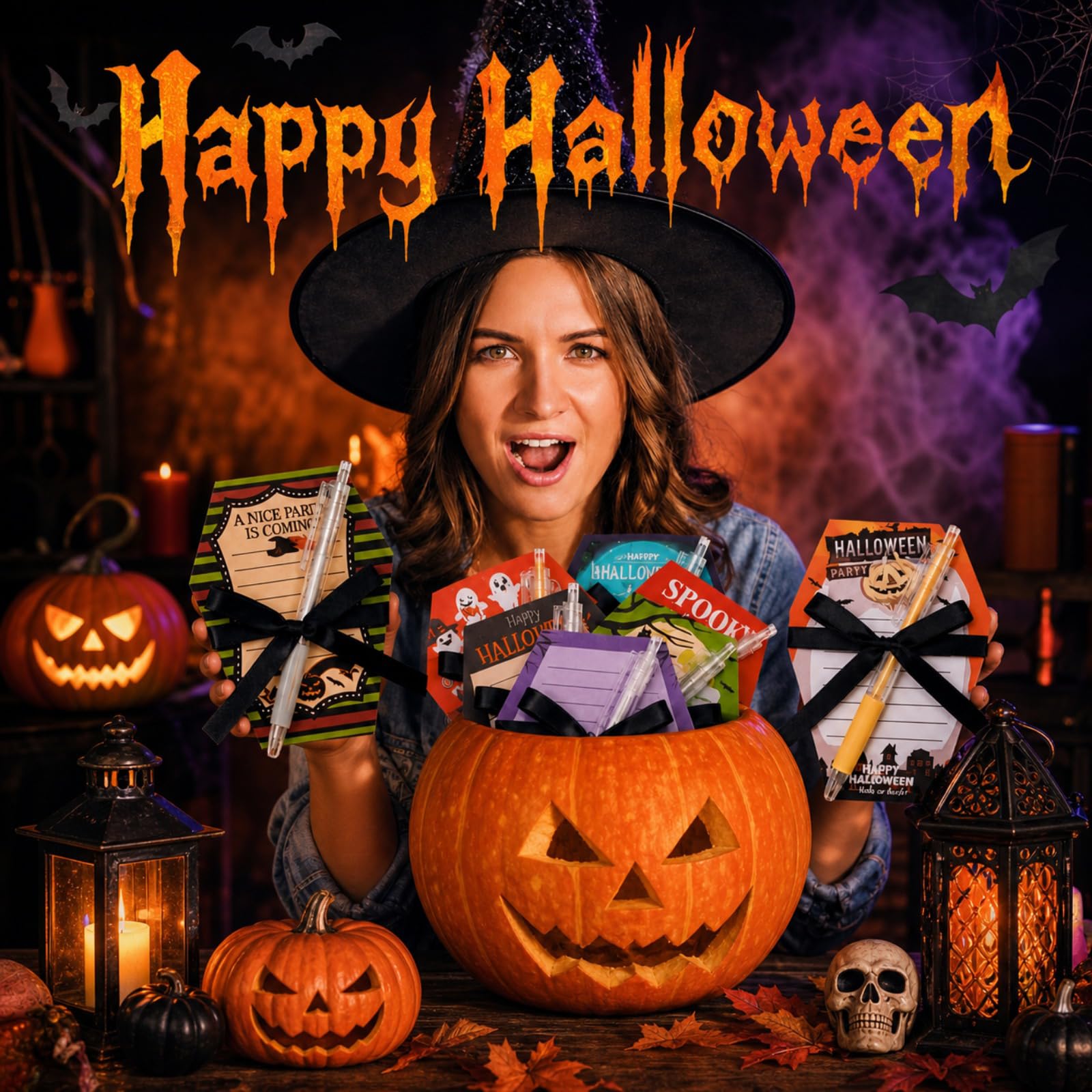 Honoson 48 foglietti adesivi per Halloween e penne autoadesive, set regalo per ufficio, zucca, fantasma, gatto, divertente, strano, spettrale, per adulti, colleghi, forniture per ufficio, 8 stili