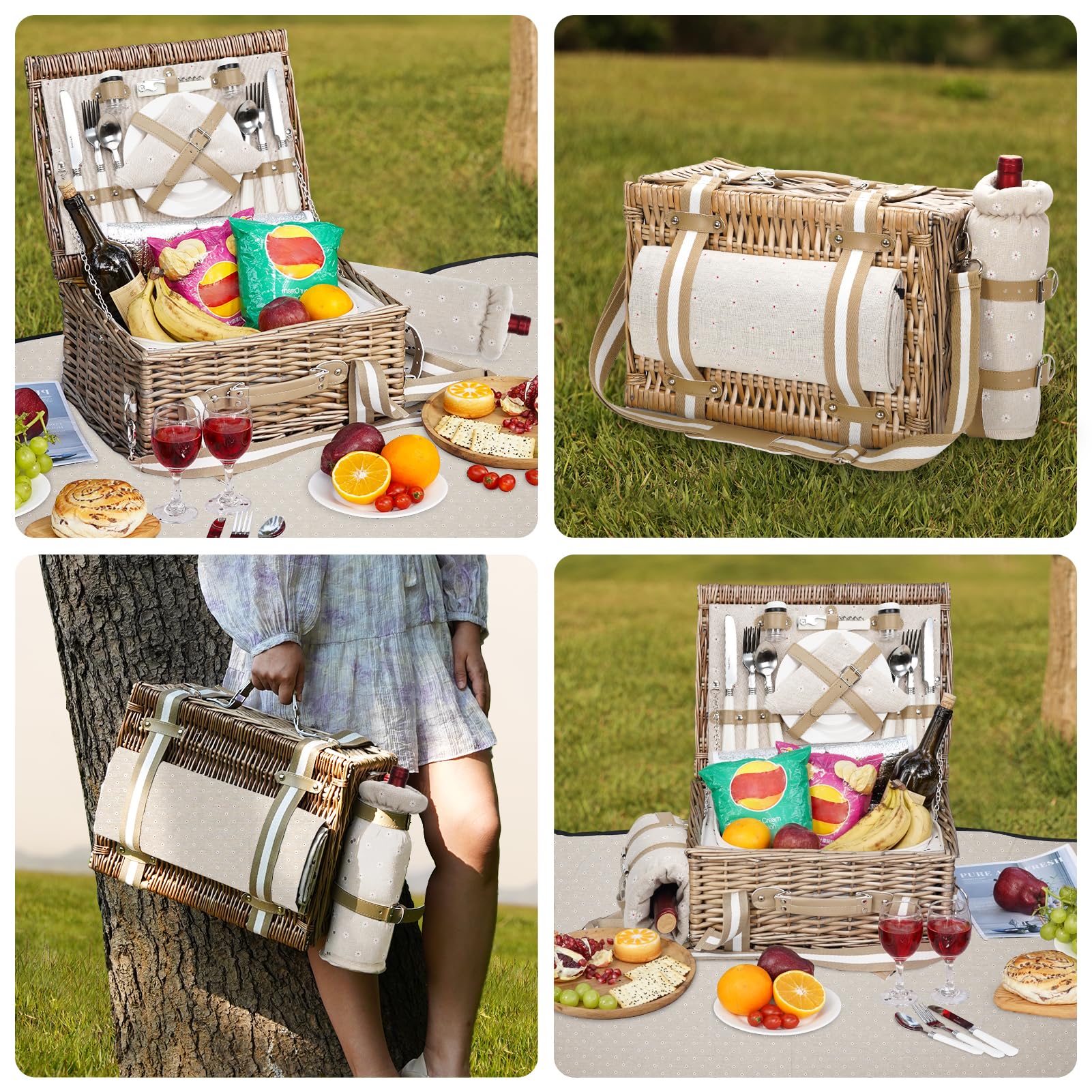 G GOOD GAIN Picknickkorb für 4 Personen – Weiden-Picknick-Set mit wasserdichter Decke und Weintasche, großer Picknickkorb mit isoliertem Kühler und Besteck-Set für Paare, Camping, weiße Blume, 40,6 x