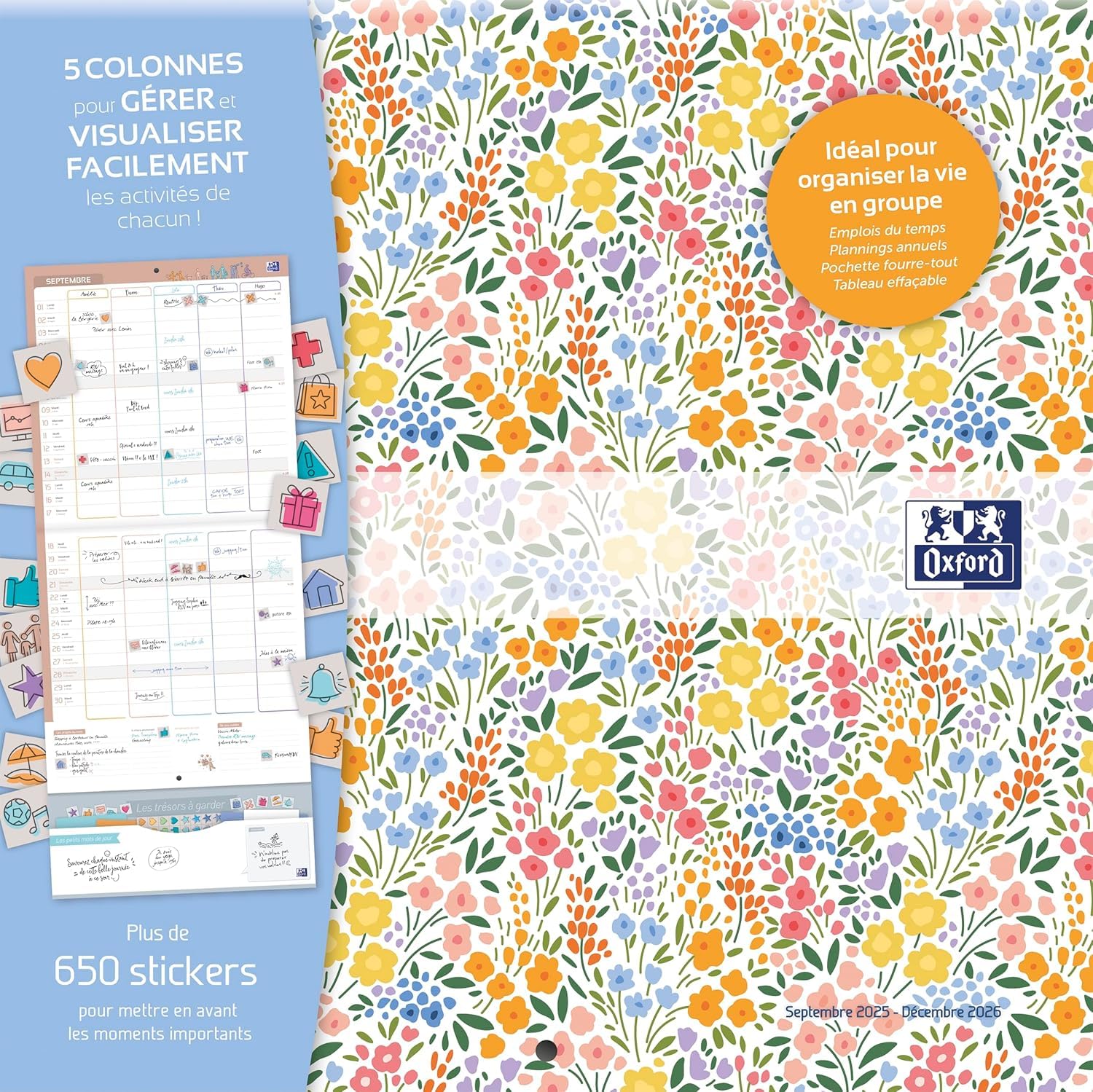 OXFORD Calendrier Planning Mural Familiale Flowers 16 Mois Septembre 2026 à Décembre 2027 30 x 30 cm