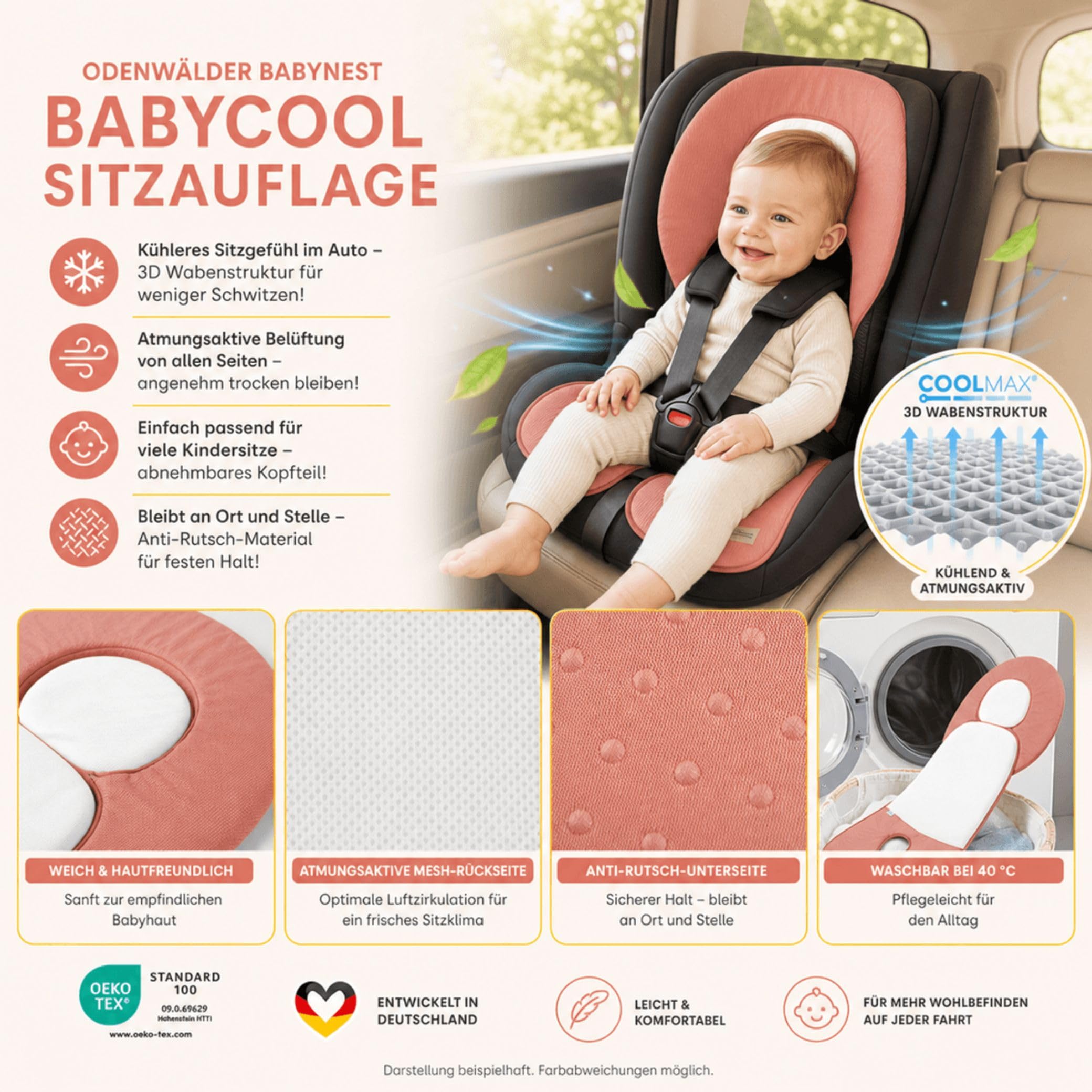 Odenwälder Babycool Sitzauflage für Autositze I Atmungsaktive Sommer Sitzeinlage Autositz I Schonbezug atmungsaktiv I Sommerbezug - Kühlt und schützt den Sitzbezug vor Flecken