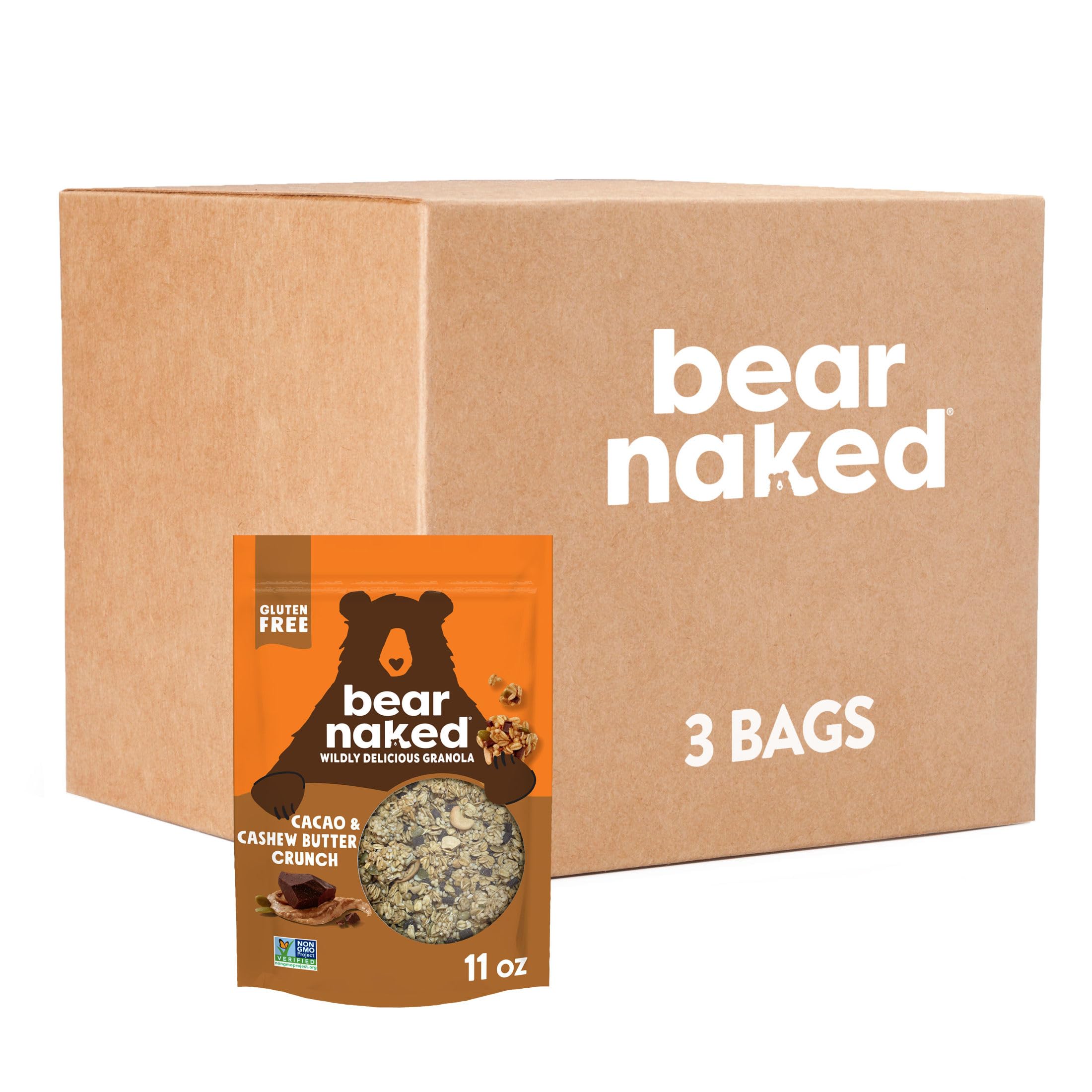 Bear NakedGranola Cereal, Whole Grain Granola, Breakfast Snacks, Cacao and Cashew Butter Crunch (3 Bags)Fair Trade CertifiedFair Trade CertifiedFair Trade Certified