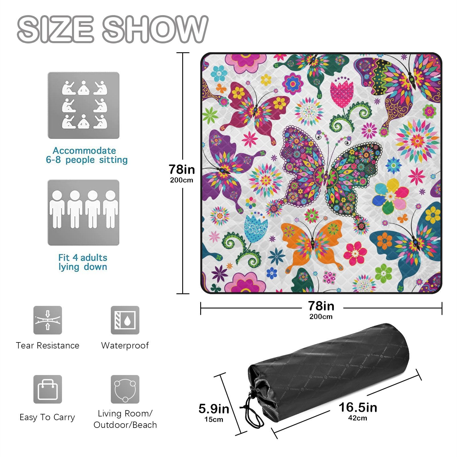 Picknickdecke, 200 x 200 cm, florales Schmetterling, Blume, große Picknickmatte, wasserdicht, Stranddecke, tragbarer Outdoor-Teppich, Camping-Matte