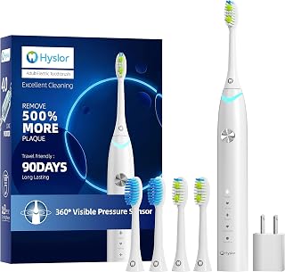 Electric Toothbrush for Adults with Pressure Sensor, Rechargeable Sonic Toothbrushes 3 Hours Fast Charging for 80 Days Using, Power Electronic Tooth Brush 5 Modes with 4 Brush Heads, White