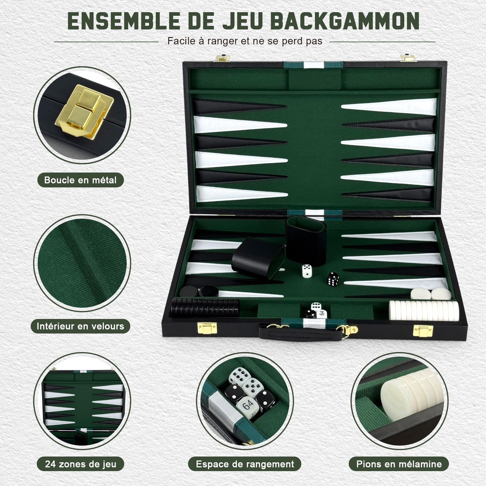 Backgammon Set, 15" Jeu de Backgammon Classique pour 2 Joueurs, Ensemble de Jeu de Stratégie Portable pour Adulte et Enfants (15 Pouces, Vert)