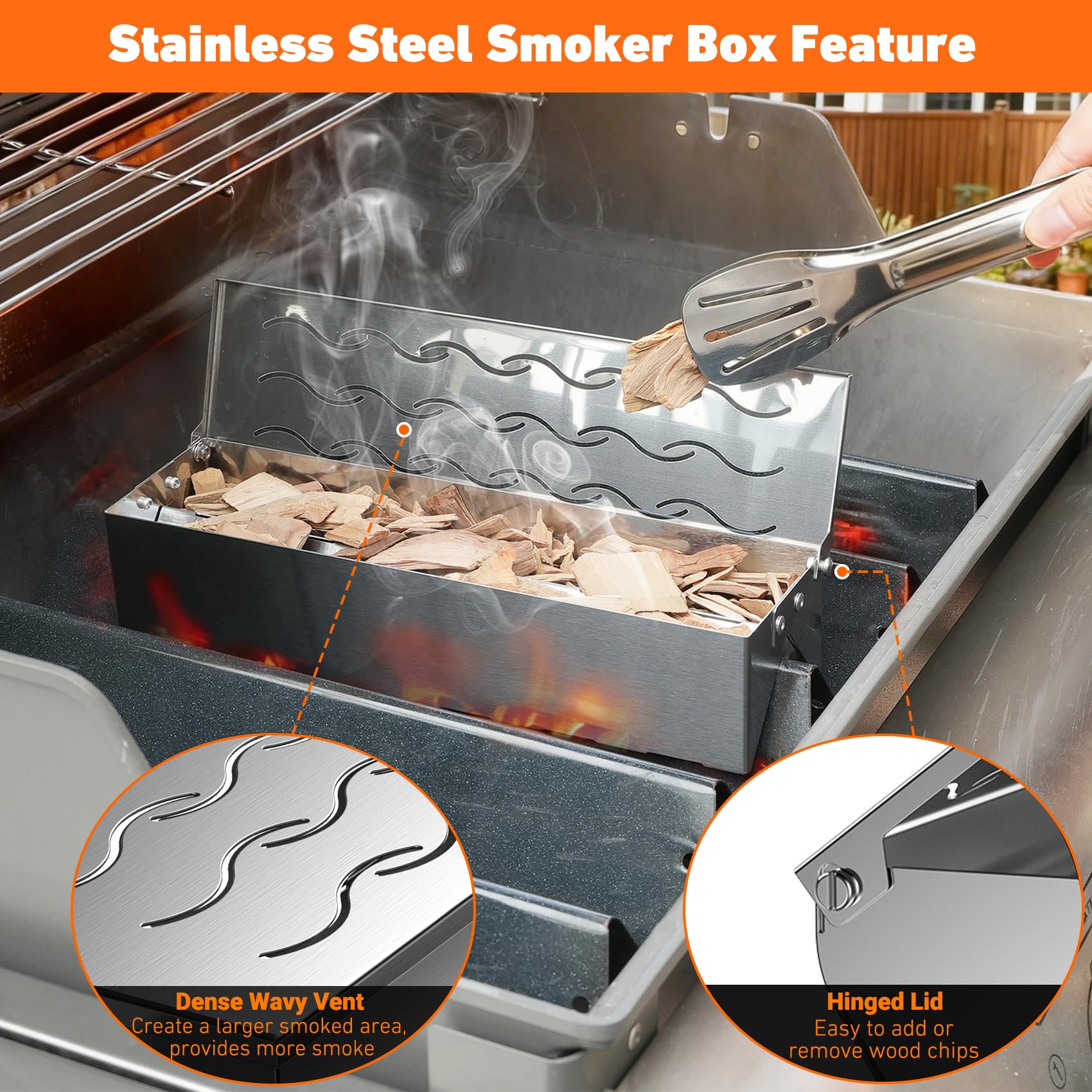 Skyflame Caja para ahumar virutas de madera con salida de humo ondulada para parrilla de carbón y gas propano, 12.5 pulgadas de largo x 3.3 pulgadas de ancho x 2.5 pulgadas de alto, patente de diseño
