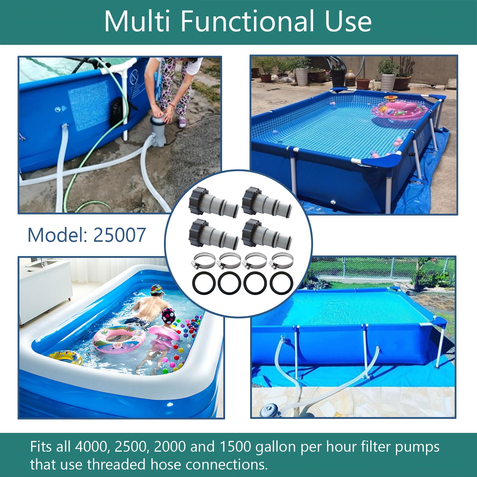 Adaptador de manguera de piscina de 1 1/4 a 1 1/2 de repuesto con collar para juego de piscina, accesorios de piscina, paquete de 4
