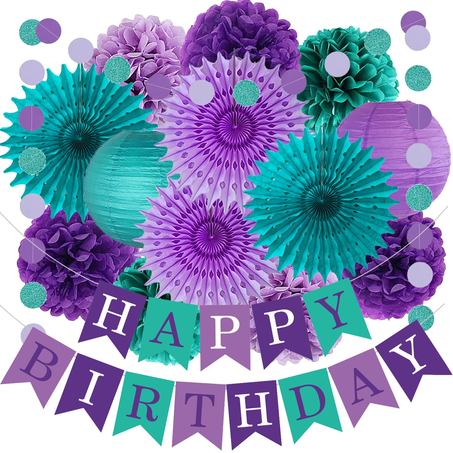 Teal Purple Lavender Party Decorations Mermaid Birthday Decor Tissue Pom Poms Flowers Lanterns Happy Birthday Banner Dots Garland Under The Sea Party Girls Baby Shower Decoration