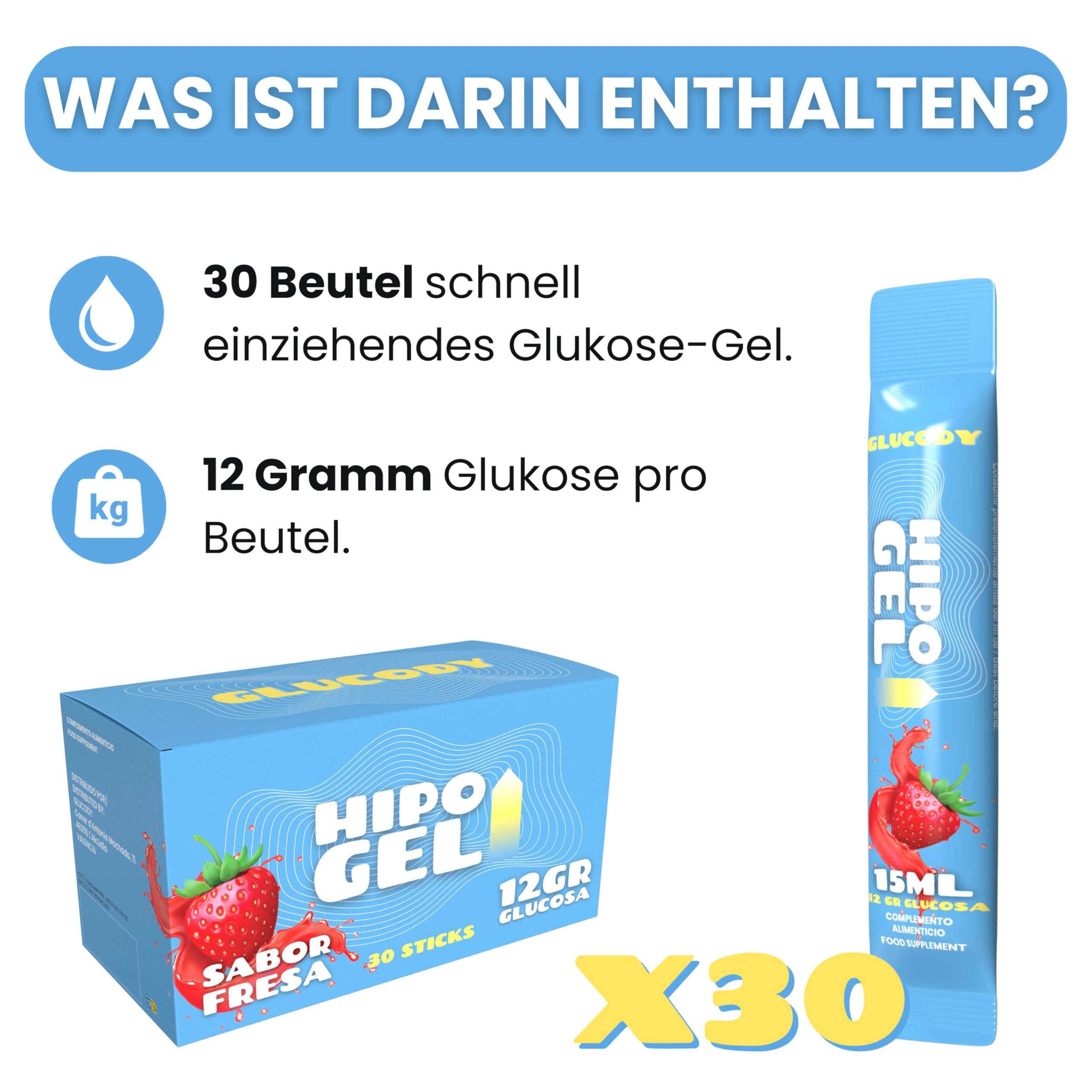 Glukosegel gegen Hypoglykämie / 30 Beutel x 12 g schnell absorbierbare flüssige Glukose / 15 ml flüssige Glukose zur Linderung von Hypoglykämie bei Patienten mit Diabetes