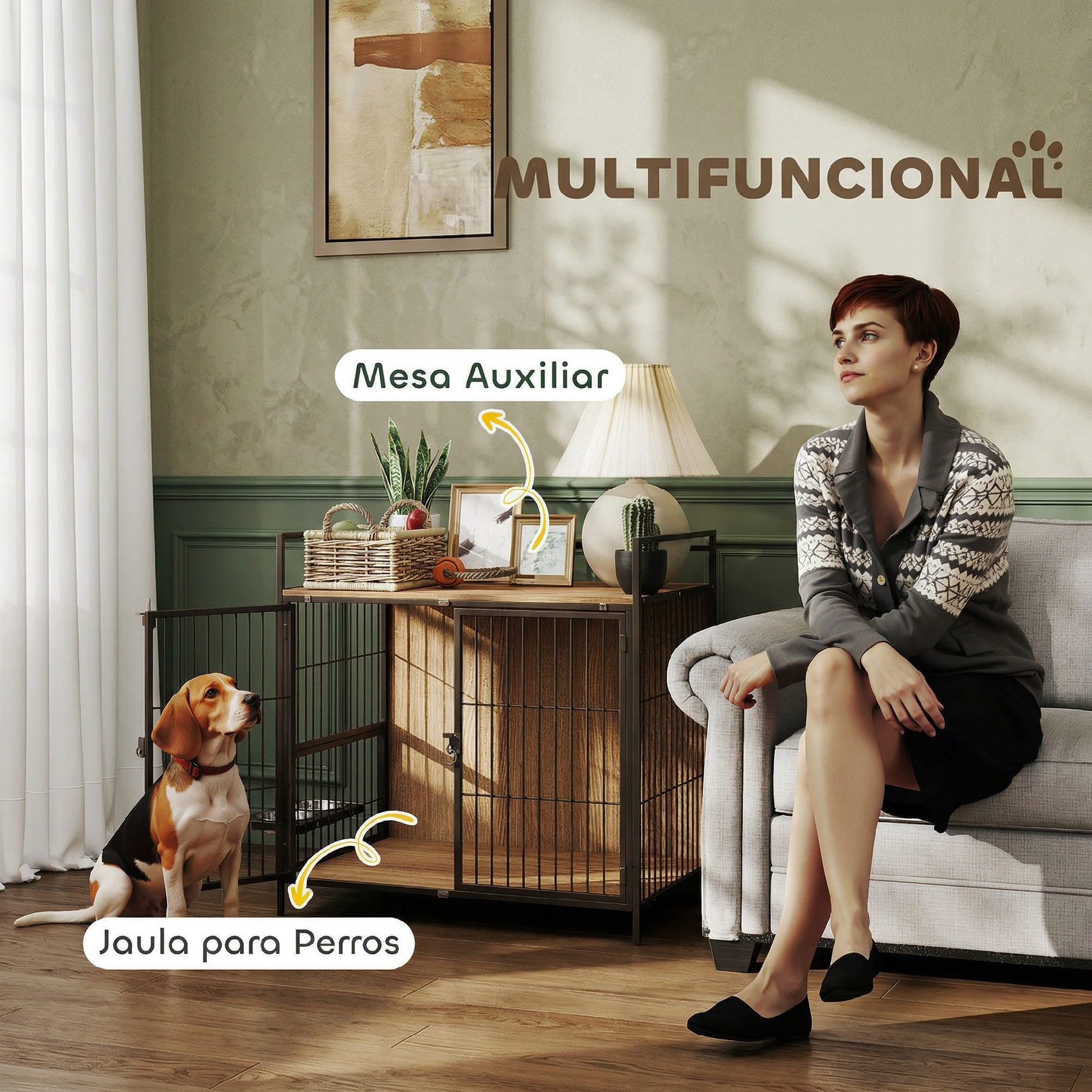 PawHut Jaula para Perros Casa para Mascotas con 2 Puertas y Mesa Auxiliar Moderna con Soporte Giratorio 2 Tazones y Estante de Almacenamiento Superior para Perros Medianos 80x56x76,5 cm Roble