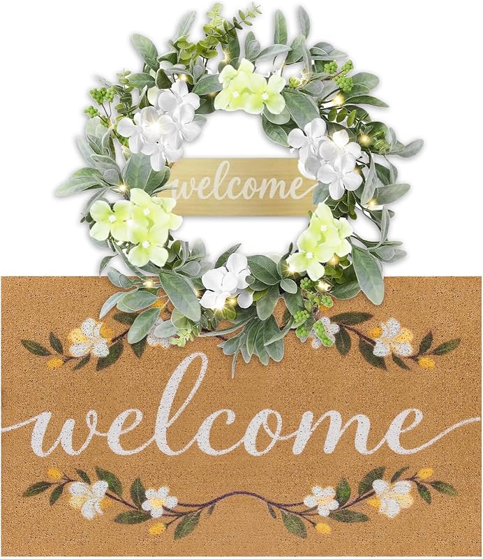 Welcome Mat Wreath Set with Lights Front Door Greenery Spring Doormat Wreaths All Season Summer Floral Artificial Decor for Porch Entryway Wall Farmhouse Patio Garden Festival 18in