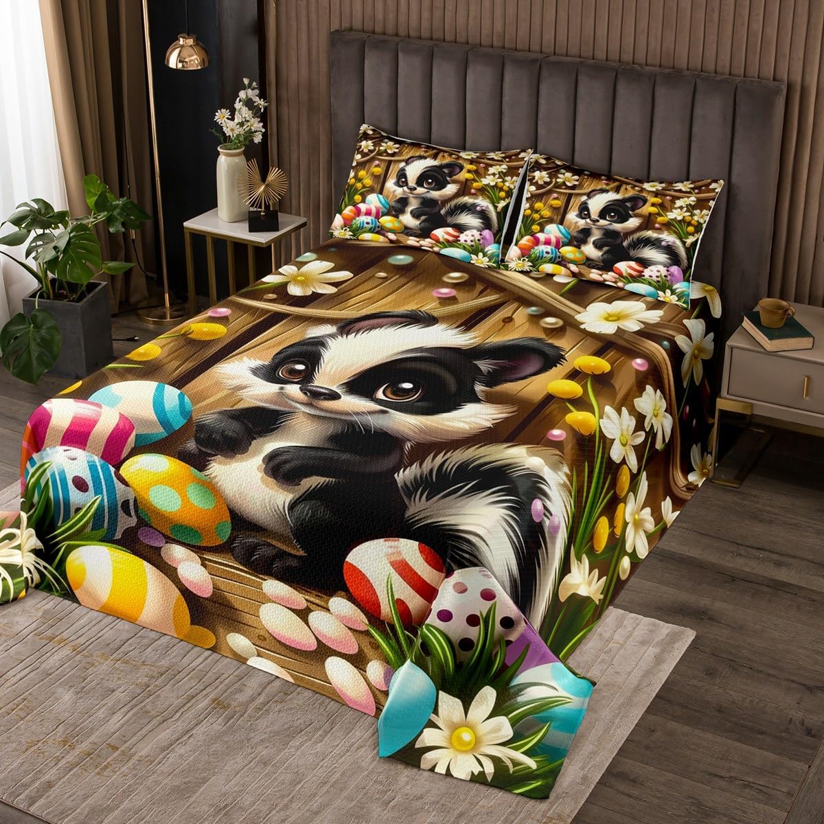 Erosebridal Cartoon Skunk Quilt Set Easter Eggs King Bedspread Sets for Girls,Cute Kawaii Animal Coverlet Sets Rustic Woodland Wildlife Skunk Bedding Set for Kids Boys