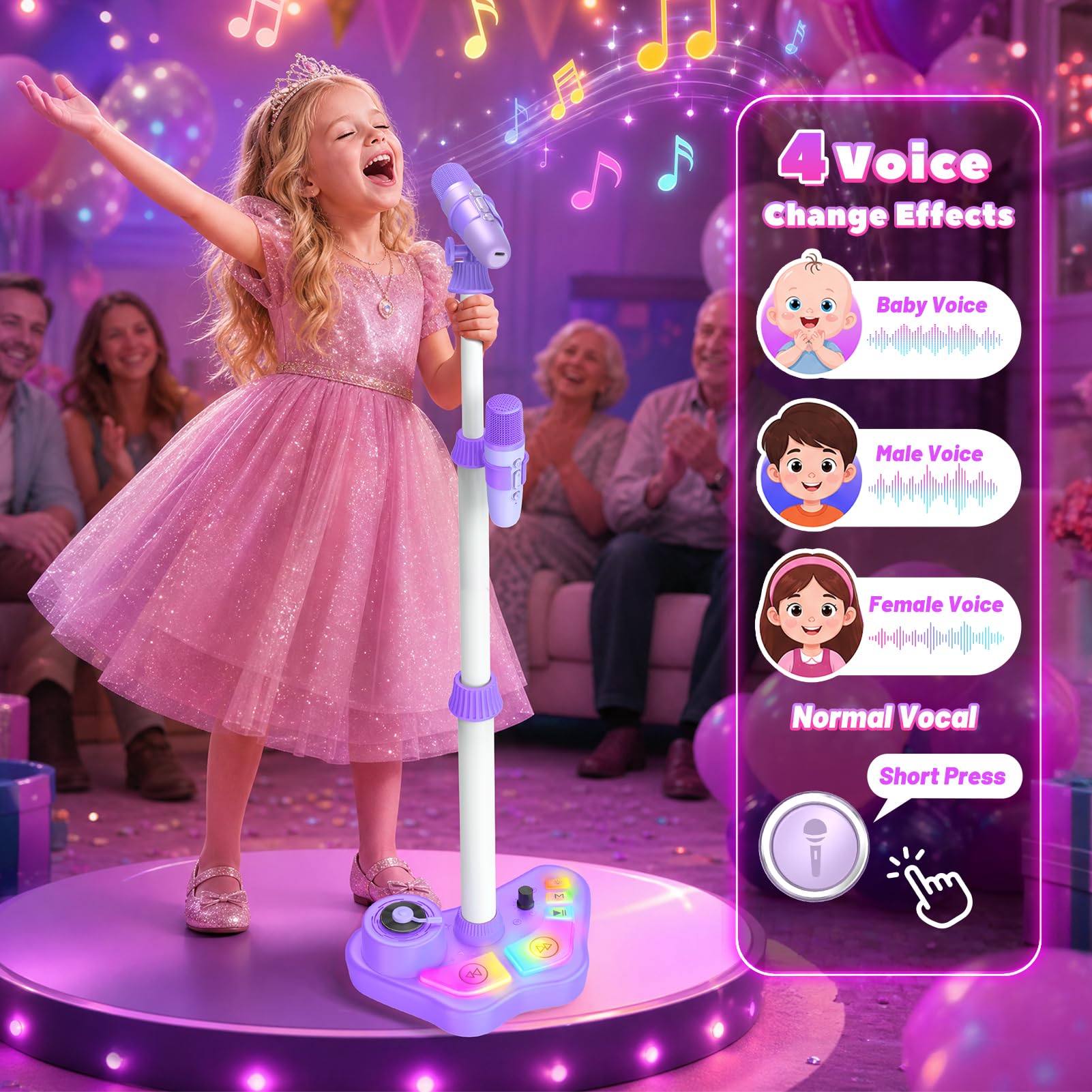 Wiederaufladbare Karaoke-Maschine, Spielzeug für Kinder, mit 2 kabellosen Mikrofonen, Weihnachts-Mikrofon, Geschenke für 3, 4, 5, 6, 7, 8 Jahre alte Mädchen, Enkelkinder, Bluetooth-Lautsprecher mit
