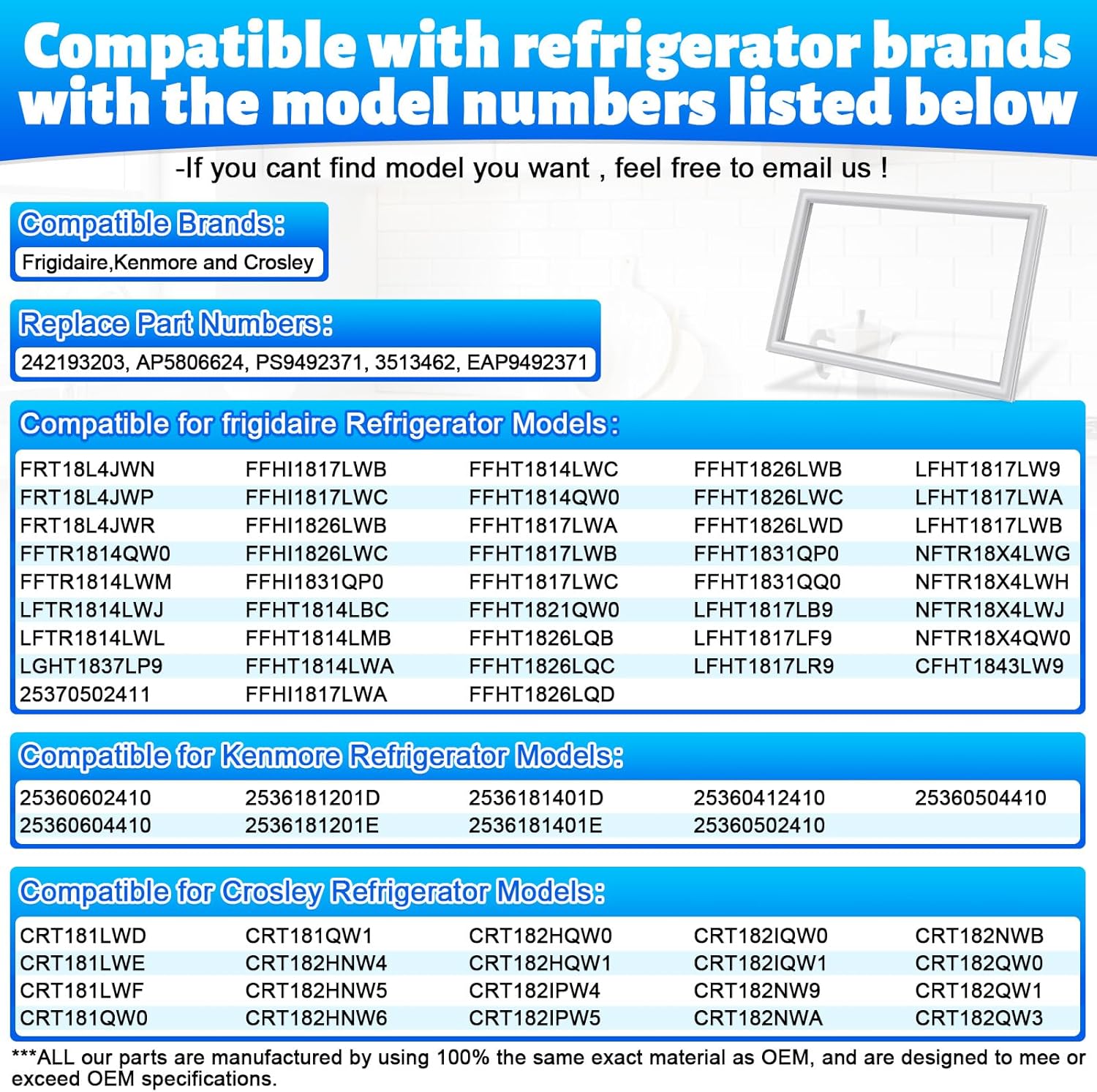 Upgraded 28.74"x17.91" 242193203 Refrigerator Freezer Door Gasket.Replacement Part Compatible with Frigidaire Kenmore and Crosley 3513462 AP5806624 PS9492371 EAP9492371 Freezer Door Seal Gray