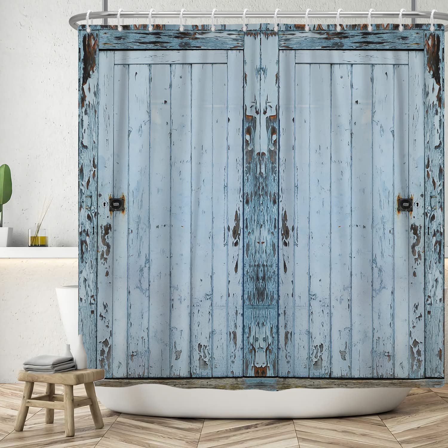 SDOTPMT 180x243cm Wood Plank Shower Curtain Rustic Pale Blue Old Hardwood Vintage Board Floor Bath Curtain Rural Farmhouse Countryside Bathtub Curtain for Bathroom Fabric Polyester with Hooks - Image 2