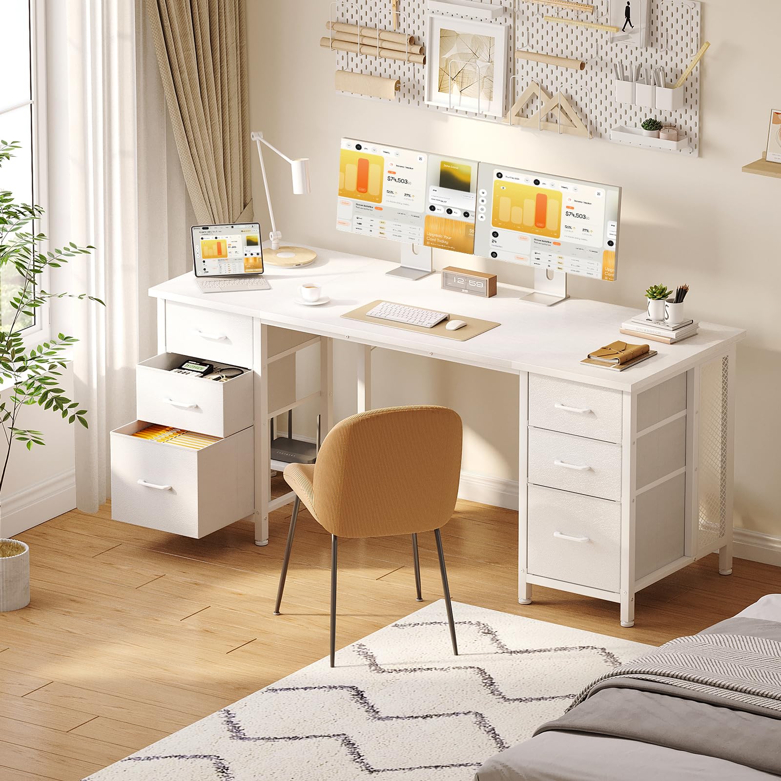 Coleshome Scrivania con 6 Cassetti, 160x52 cm Scrivania Salvaspazio, Scrivanie Ufficio con Ripiani per l'Ufficio di Casa, Bianca