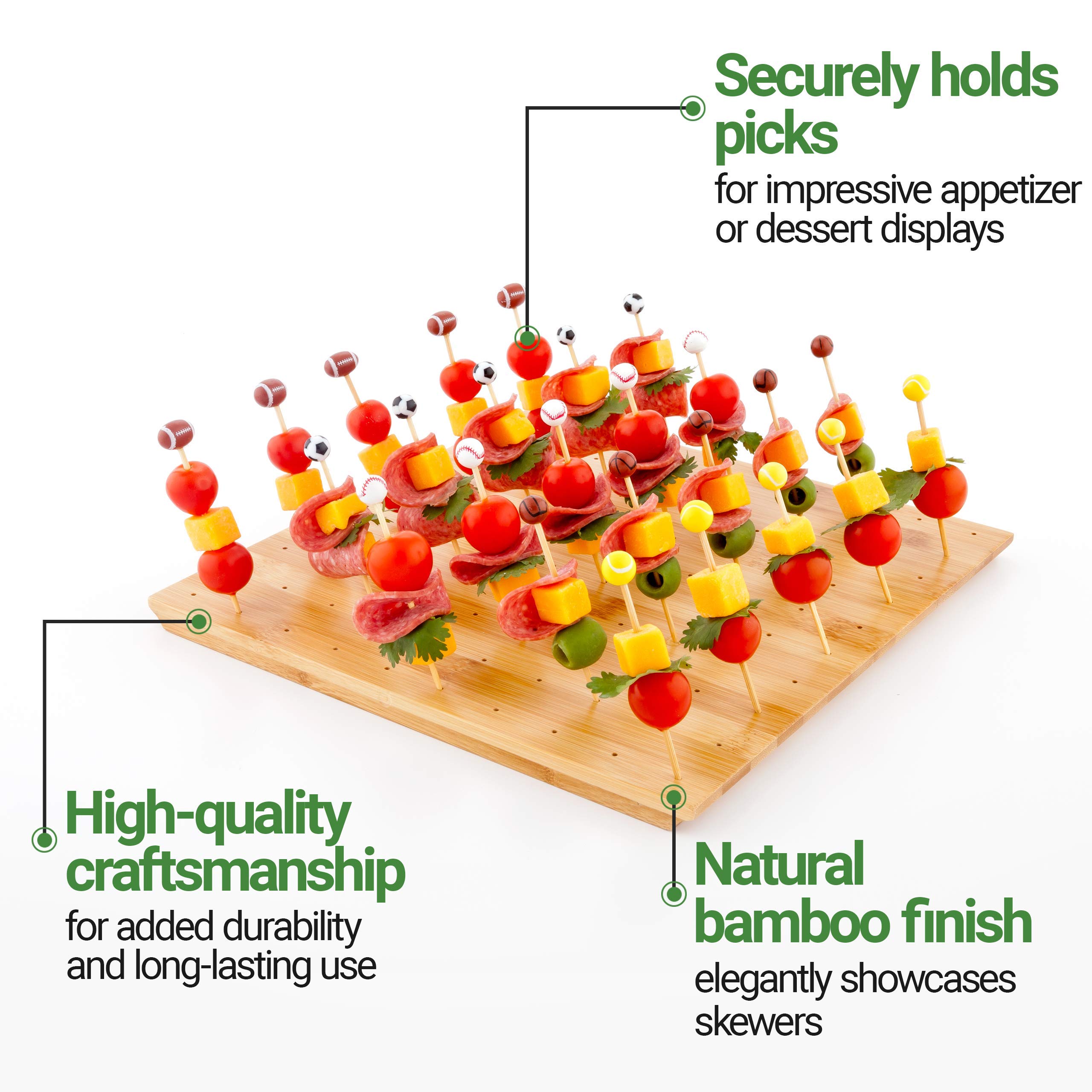 Soporte cuadrado de bambú para brochetas de comida de 12 pulgadas: perfecto para fiestas de cócteles y eventos de catering, soporte de selección biodegradable y respetuoso con el medio ambiente y exhibición de alimentos, 100 hoyos, 1 unidad, artículos par