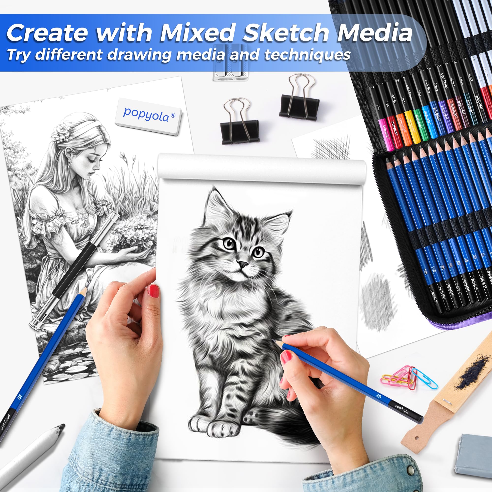 Kit de dessin de 133 pièces - Fournitures de dessin professionnelles avec carnet de croquis, livre de coloriage, bloc de papier noir, charbon de bois de couleur graphite aquarelle et crayons