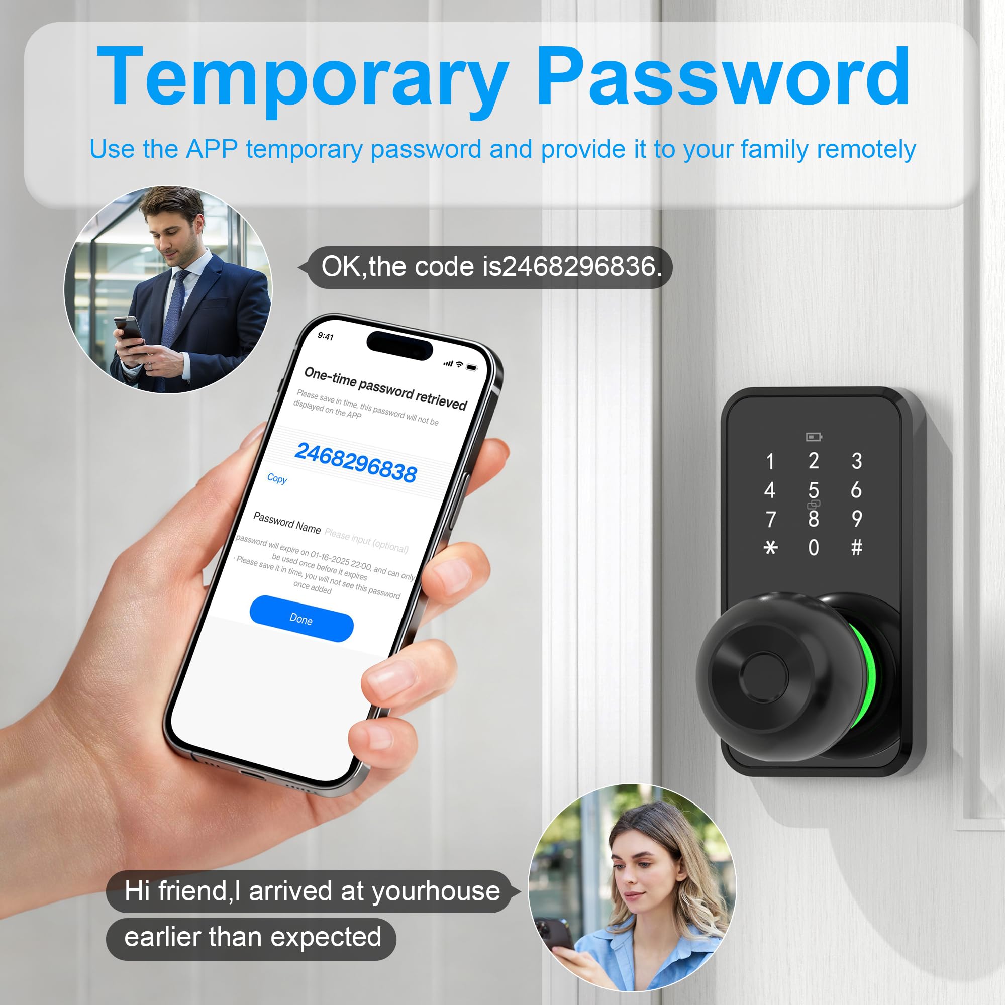Serrure de porte intelligente avec bouton, serrure à empreintes digitales sans clé avec clavier tactile, bouton électronique pour porte d'entrée, installation facile