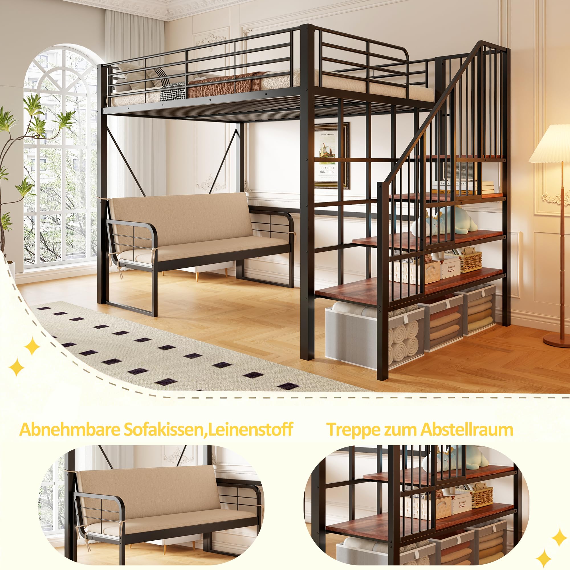 Cama altillo 140x200, litera doble de hierro con sofá cama extraíble, espacio de almacenamiento y escalera de seguridad, cama entrepiso de 2 plazas para familias numerosas
