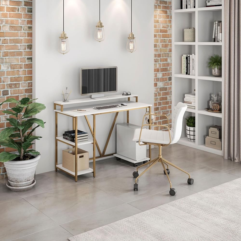 Techni Mobili Computer Desk - Industrial Writing Desk with Storage Shelves, Monitor Stand, & Accessory Holder - Home Office Laptop Computer Table with CPU Caddy & 2-Tier Small Bookshelf Space