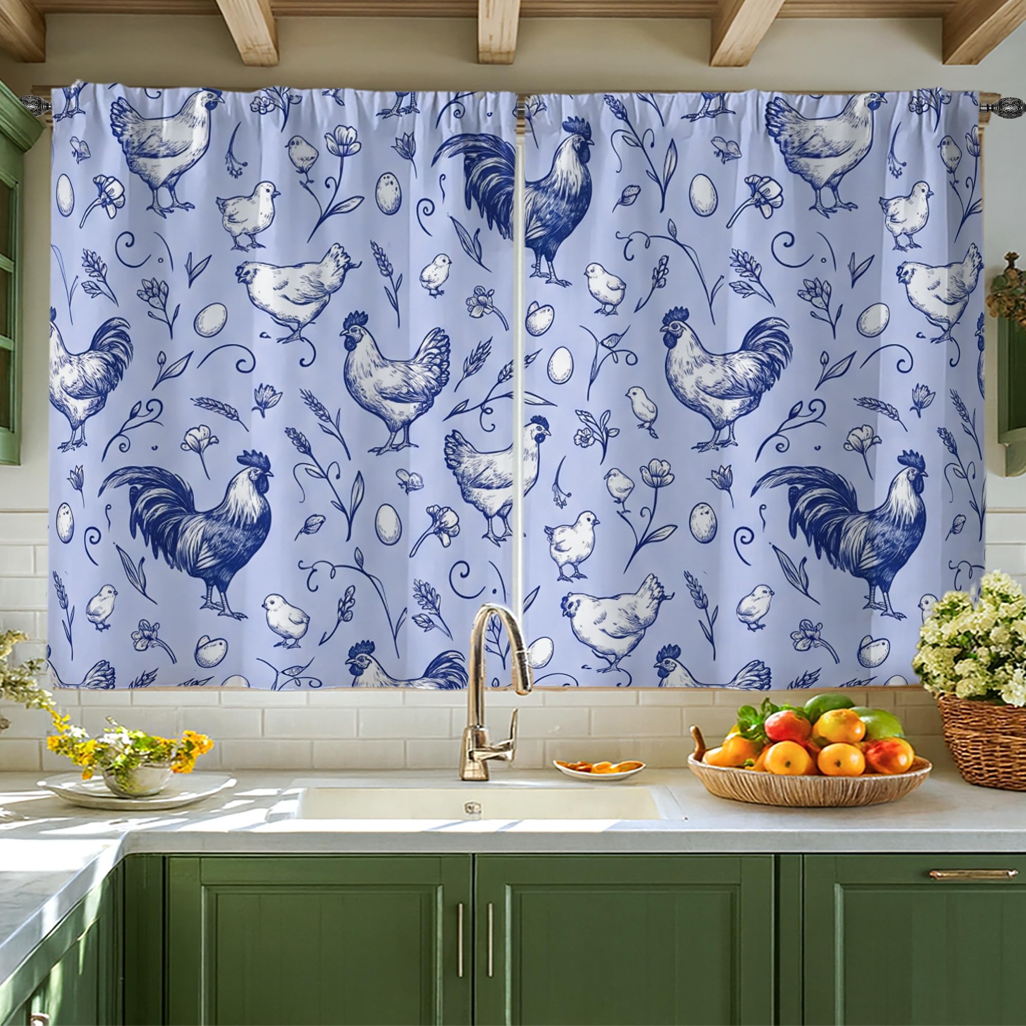 Rideaux de cuisine coq bleu 106x114 cm avec passe-tringle pour fenêtre d'évier