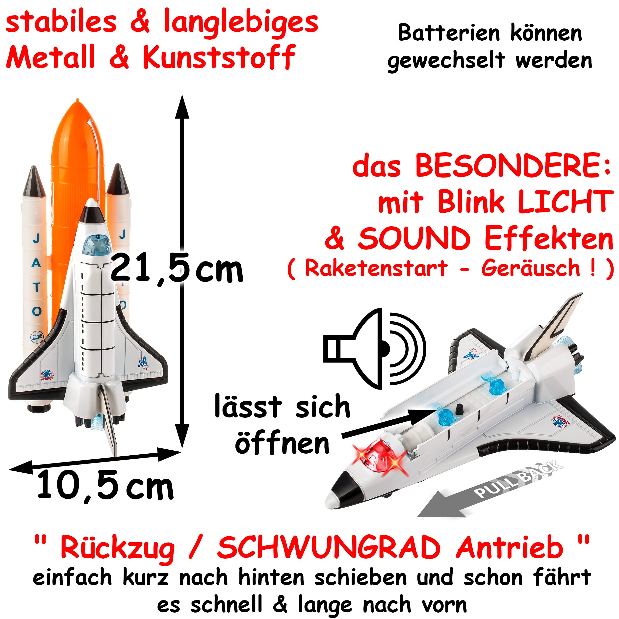 alles-meine.de GmbH Raumschiff & Space Shuttle mit Licht & Sound inkl. Name - Schwungrad Antrieb - bewegliche Räder - aus Metall & Kunststoff - Spielzeugrakete - Fahren - Auf..