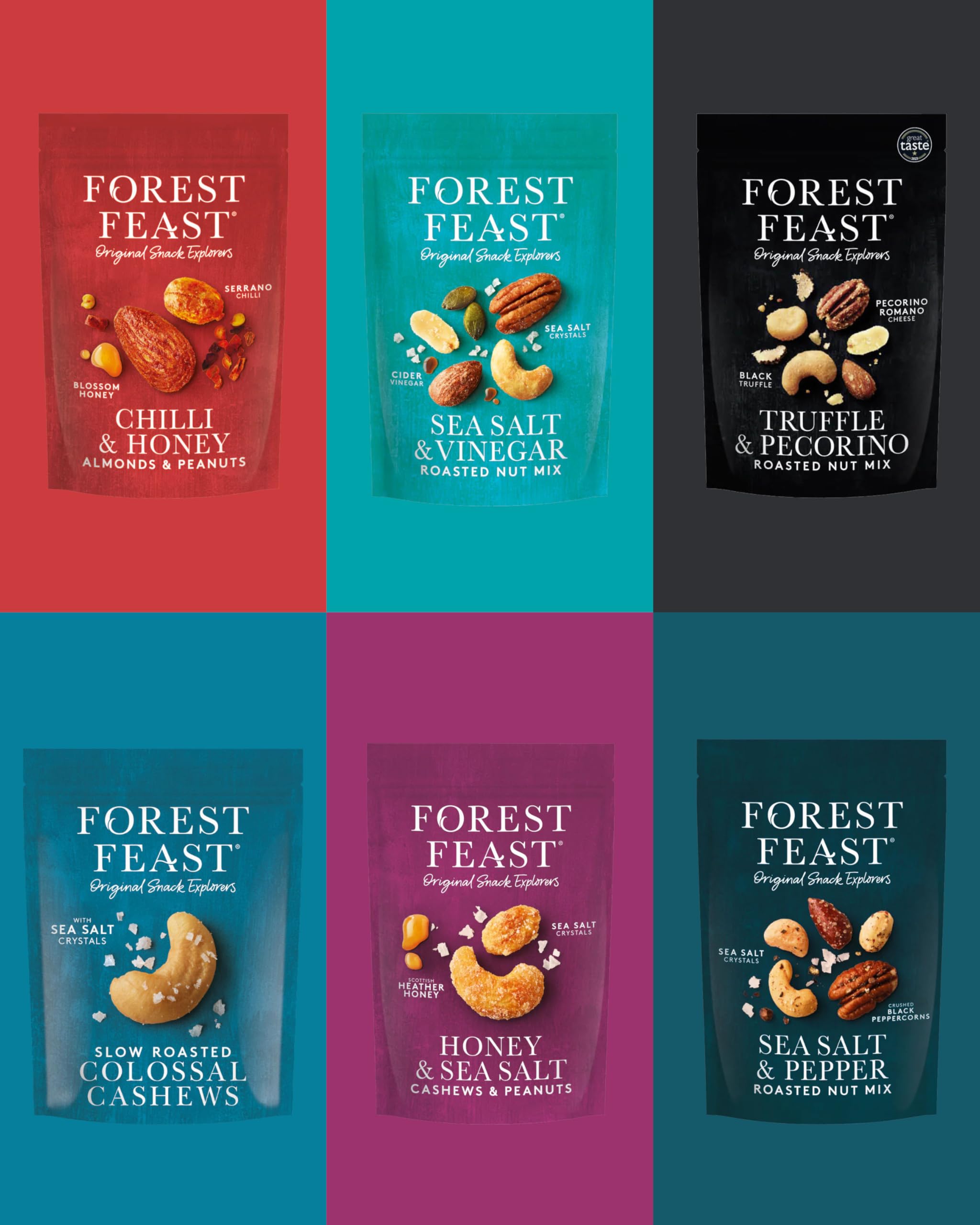 Forest Feast Slow Roasted Nut Mix 6 x120g Packs - Each A Different Flavour. Including; Almond Nuts, Honey Roasted Cashew Nuts and Salted Peanuts (Savoury Snacks/Bulk Snacks).