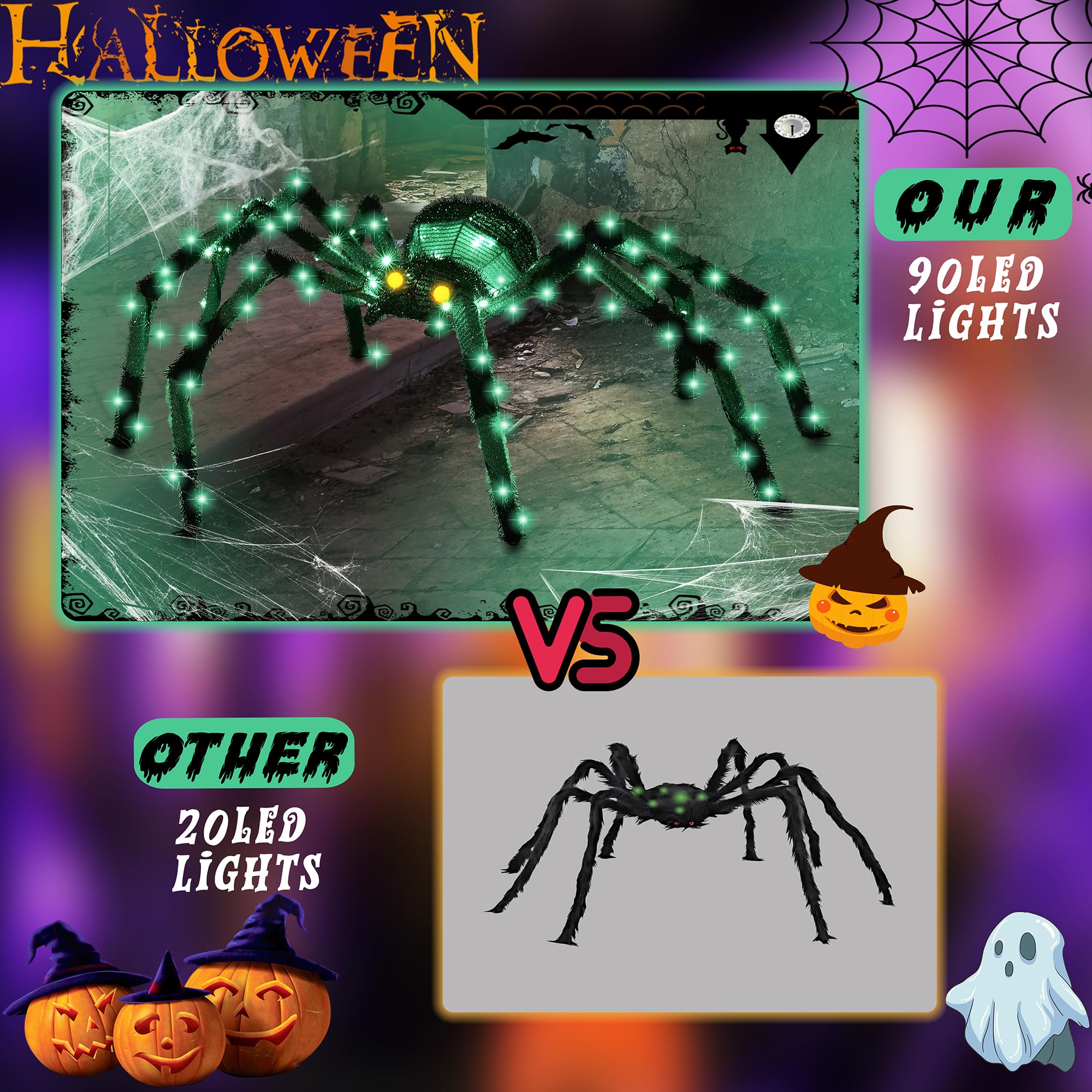 Gigantyczny pająk, dekoracje na Halloween, na zewnątrz, 132 cm, świecący pająk z 90 diodami LED, na podwórko, werandę, do ogrodu, trawnika, na imprezę halloweenową (zielony)