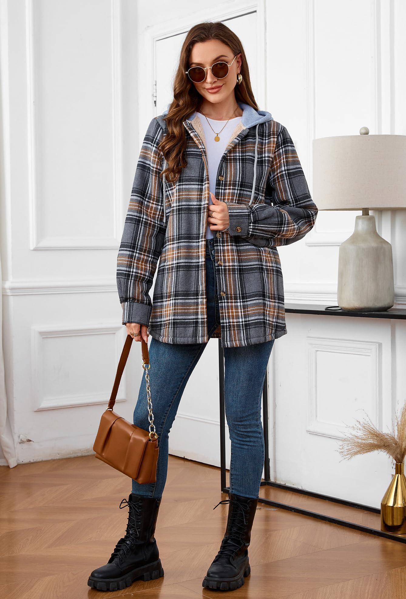 Damen Sherpa Gefüttert Flanell Hemdjacke Baumwolle Plaid Fleece Button Down Jacken mit Kapuze für Frauen