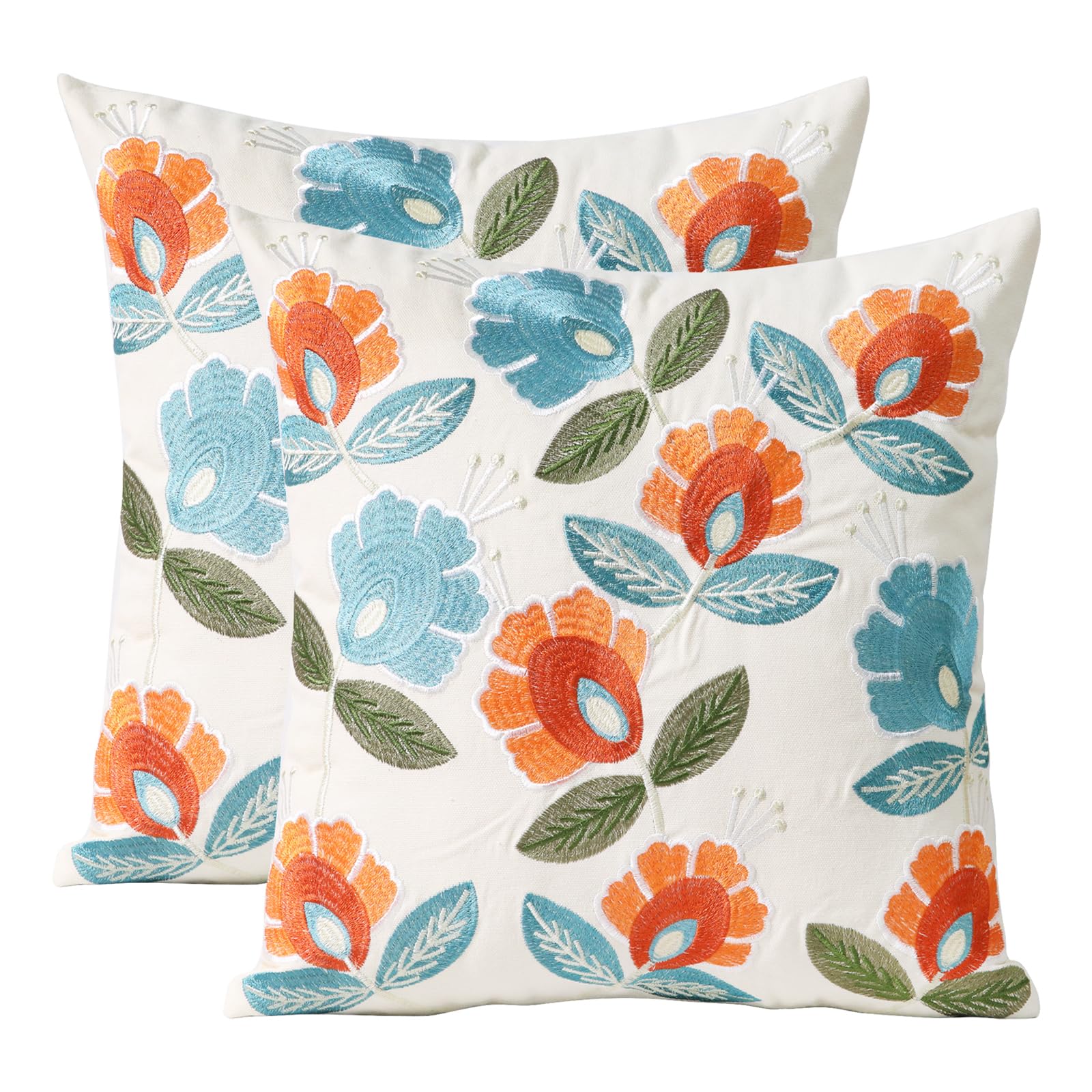 Pilmandu Set of 2 Embroidered Decorative Throw Pillow Covers 45x45cm Couch Square Pillowcases Cushion for Bedroom Sofa Farmhouse Decor (Flower)