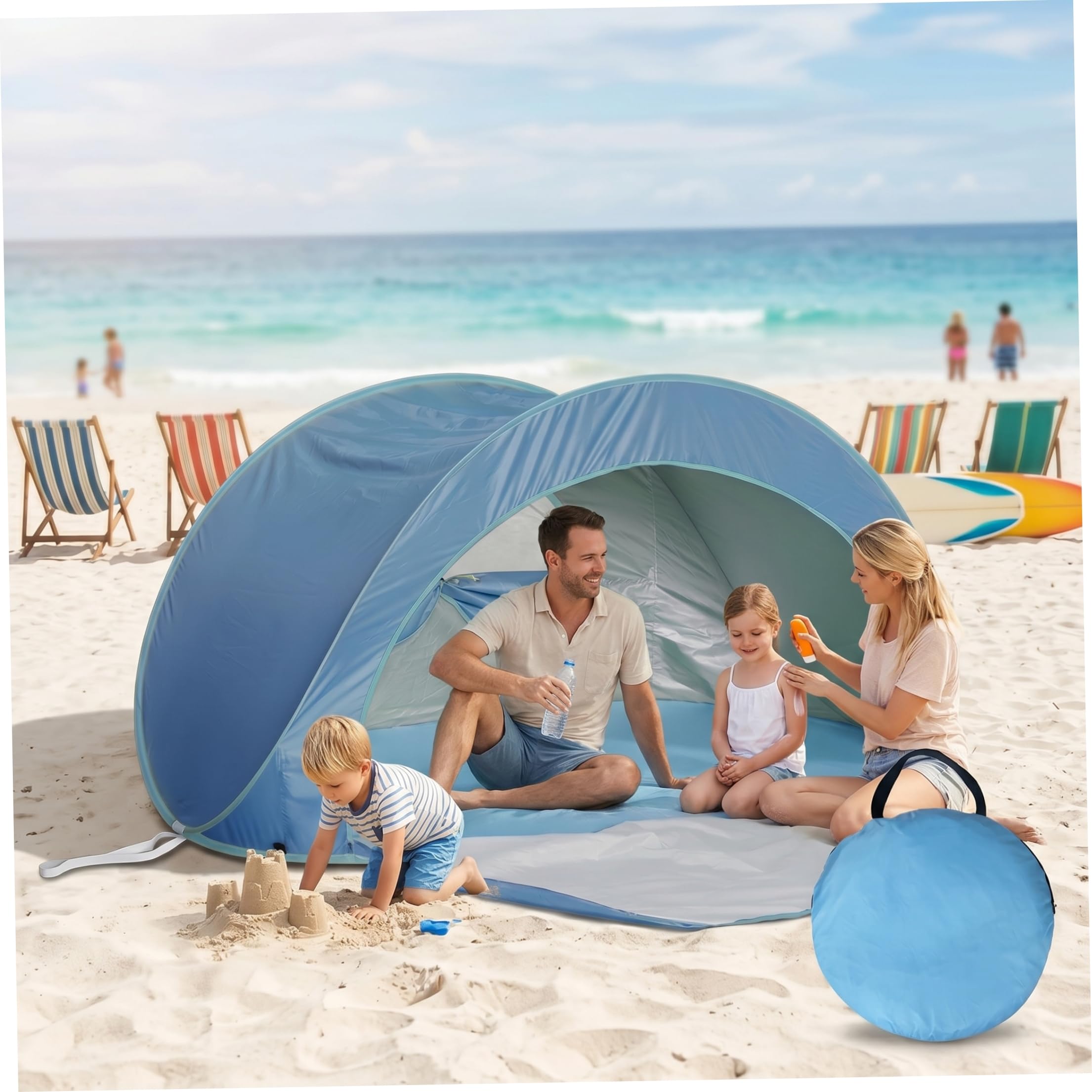 Tente de Plage Pop-up pour 3 à 4 Personnes, Pare-Soleil de Plage Portable et Pliable avec Rideau à Fermeture éclair, Tente d'extérieur Installation instantanée Automatique, Bleu, Facile