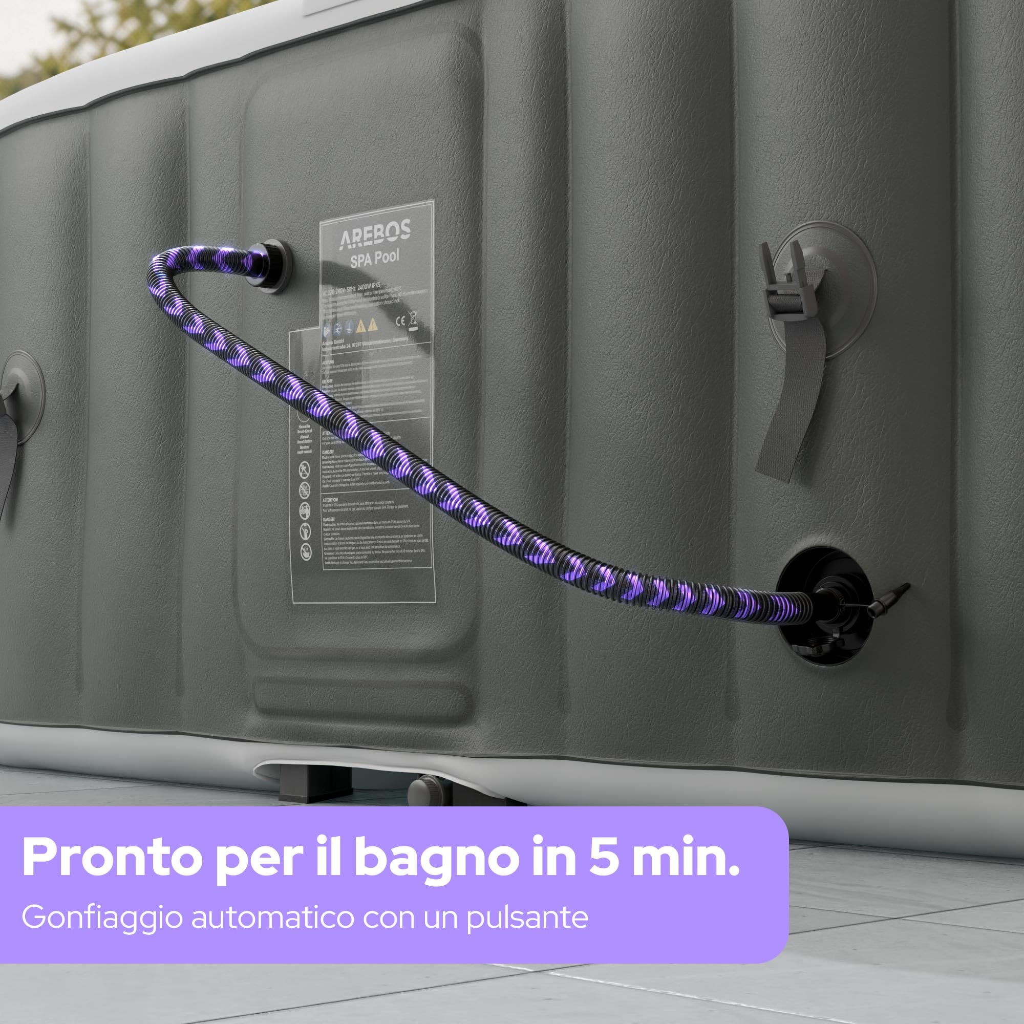 Arebos Vasca idromassaggio gonfiabile | 185x185cm | Gonfiabile automatico | 6 persone | striscia luminosa LED | 130 getti massaggianti | 910 litri | incl. copertura | Bubble Spa & Wellness Massaggio