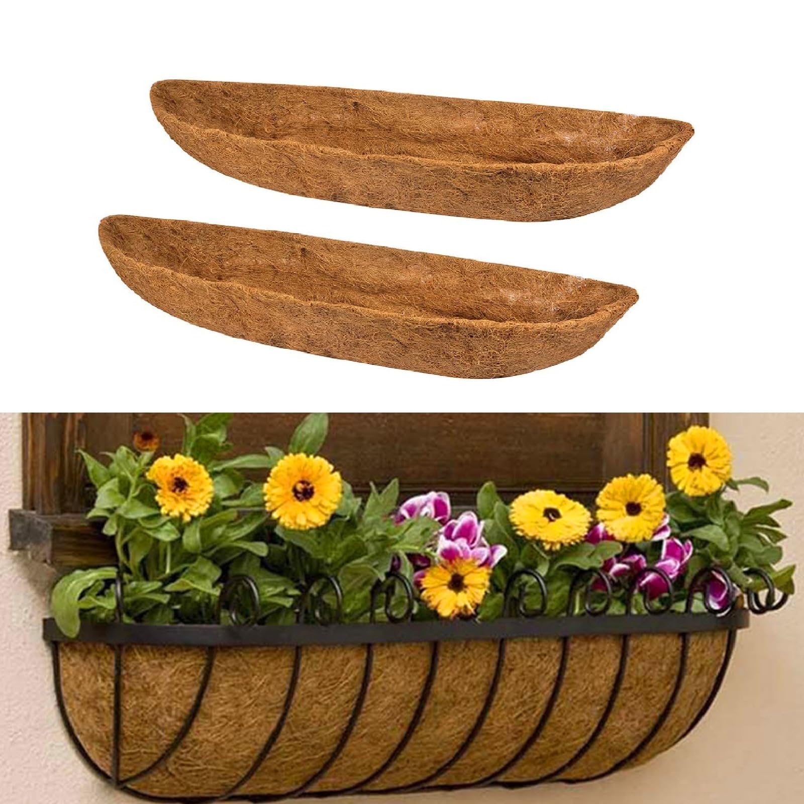 Kouoybt 24/30/36/48 Inches Trough Coco Replacement Liners, Trough Planters Outdoor, Wall-mounted Hanging Basket Liner, Basket Liners for Wall Planters (2PCS, 36inch)