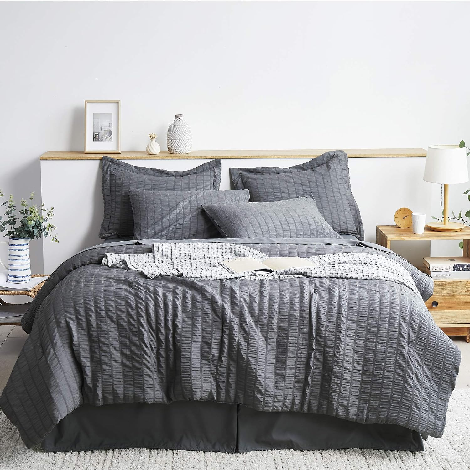 Bedsure Bed in A Bag Full/Queen Comforter Set 8 Pieces - Soft Microfiber Seersucker Bedding Set (2 Pillowcases, 2 Pillow Shams, 1 Comforter, 1 Flat Sheet, 1 Fitted Sheet, 1 Bed Skirt), Dark Grey