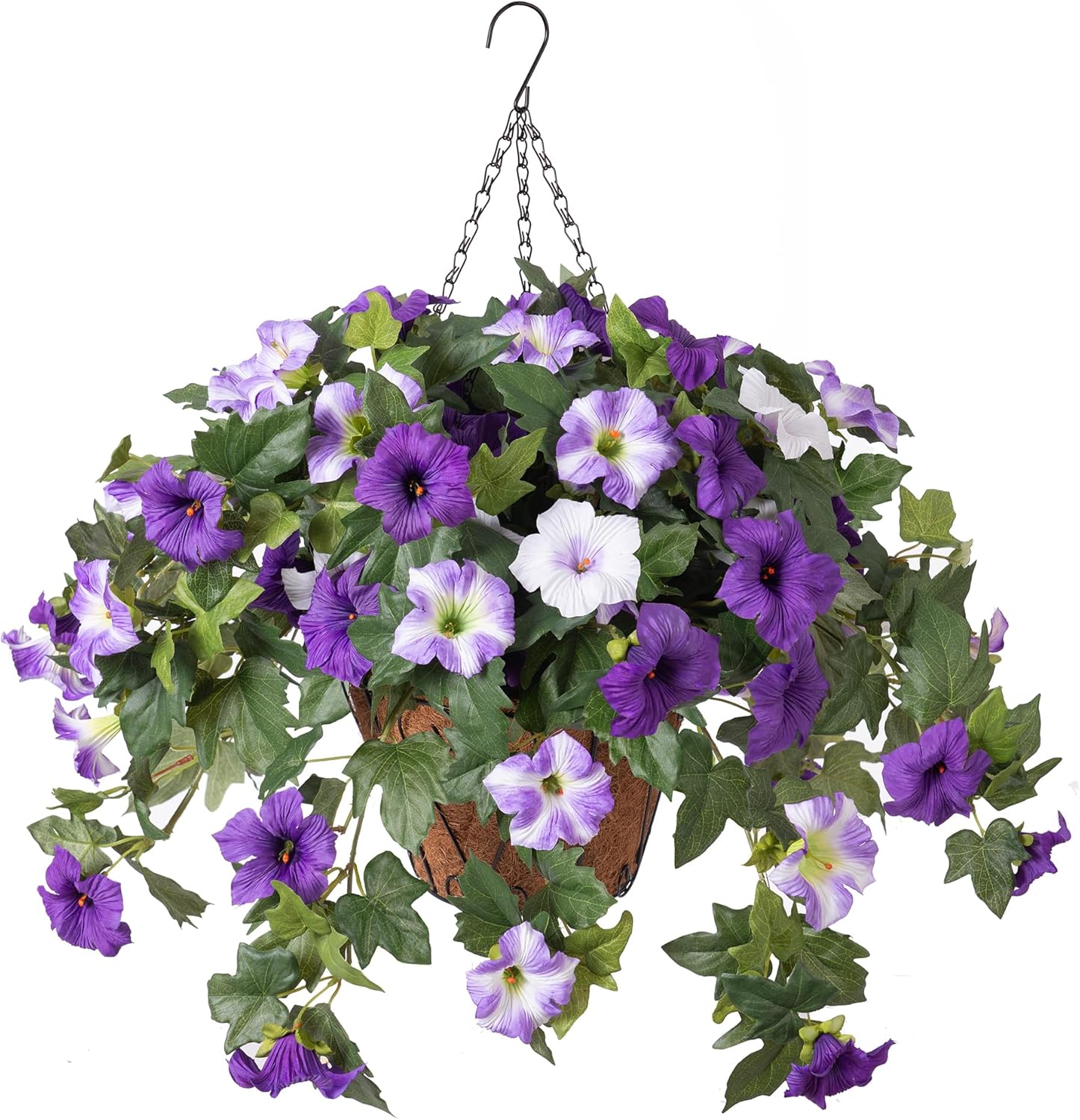 Artificial Hanging Fake Flowers with Basket Plants for Outdoor Decoration, Faux Silk Flower UV Resistant Morning Glory for Home Porch Patio Garden Balcony Yard Look Real (Purple White)