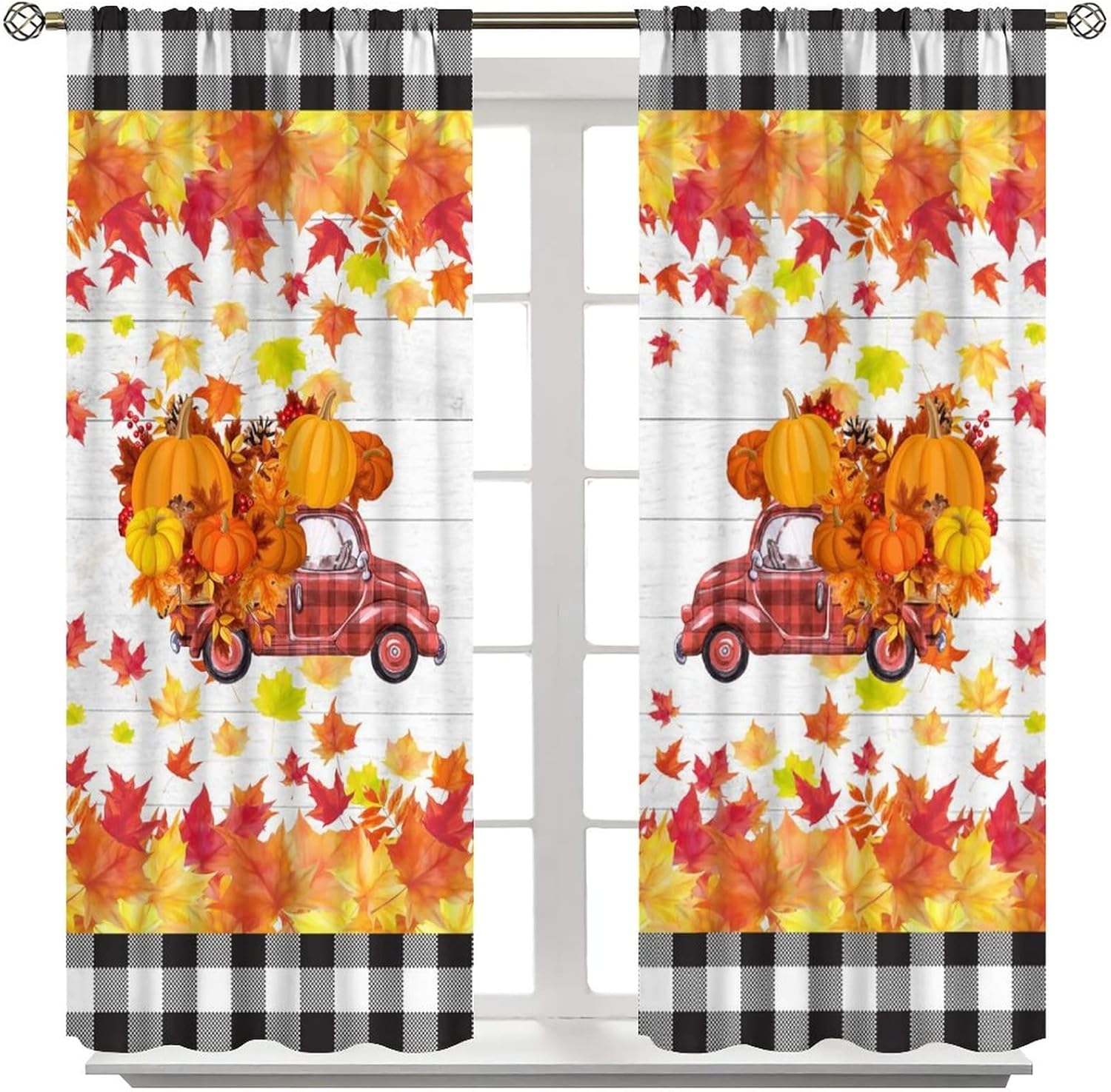 Vintage Autumn Truck Plaid Blackout Curtains for Bedroom,Check Plaid Farmhouse Pumpkin Fall Maple Leaves Window Curtains Rod Pocket 2 Panels 63L x 31.5W