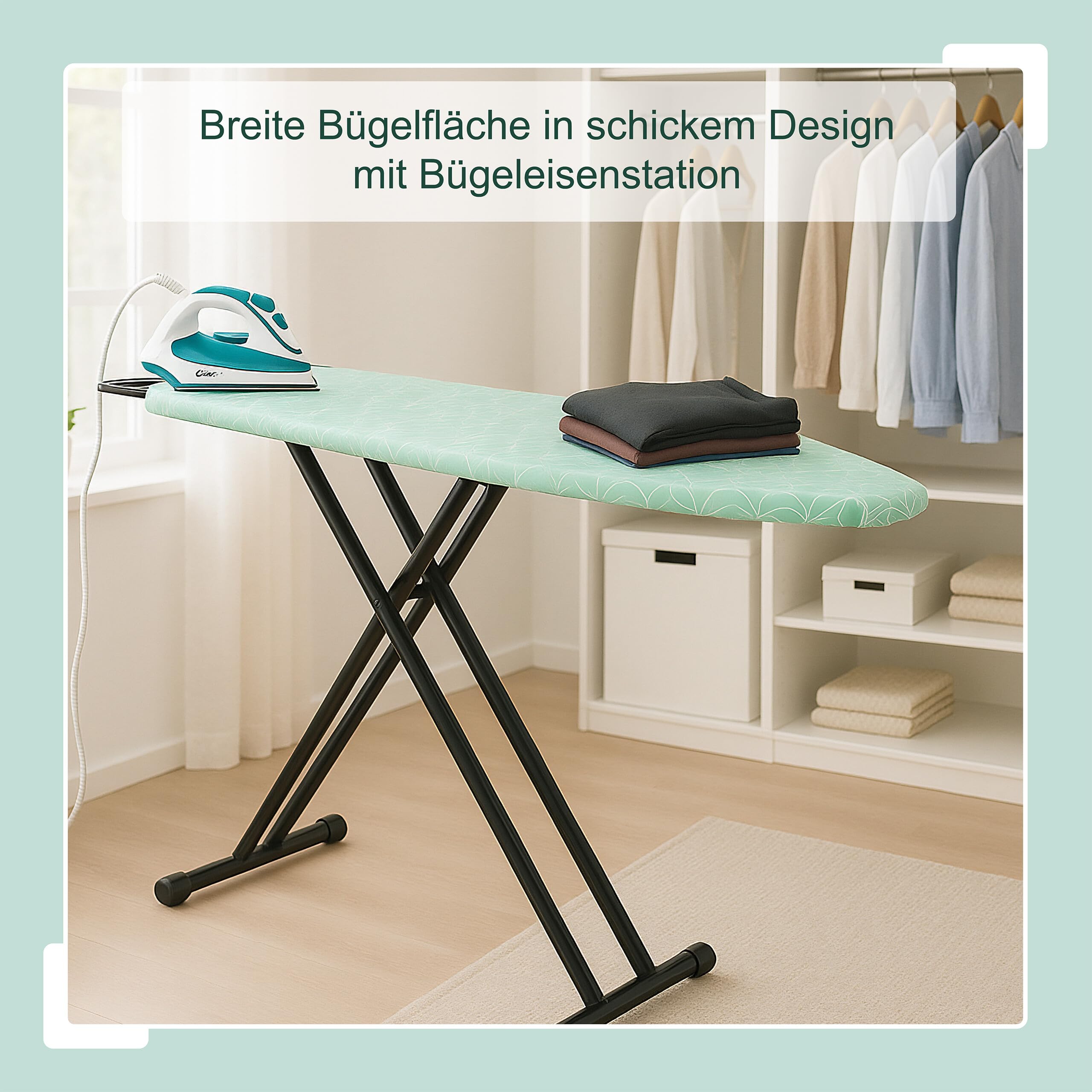 Relaxdays Bügelbrett für Dampfbügeleisen, 123 x 39 cm, höhenverstellbar, klappbar, Ablage, Bügeltisch, grün/schwarz