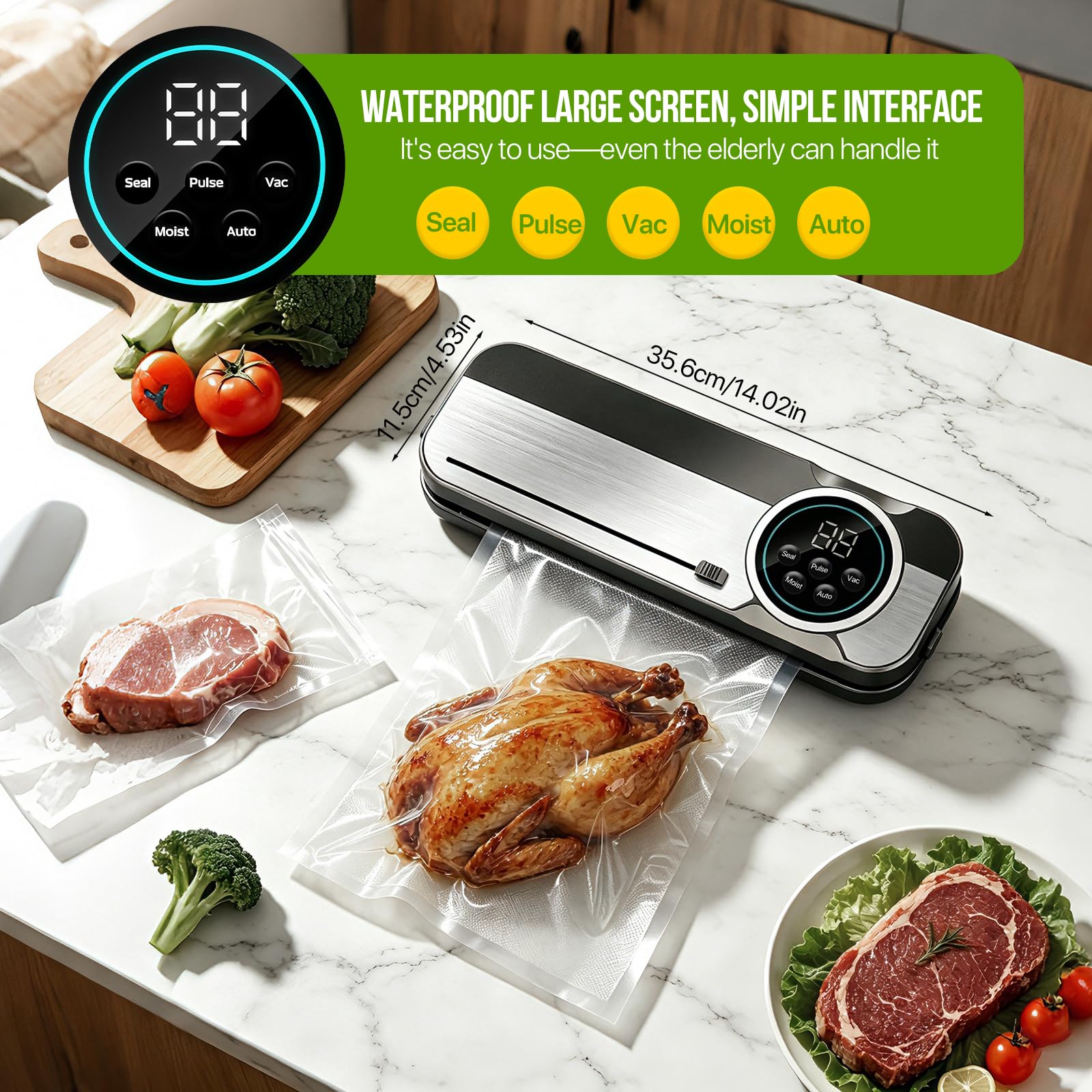 RoserRose 120W Machine Sous Vide Alimentaire 6 en 1, 75 KPA Appareils de Mise Sous Vide avec Modes Sec et Humide, UV, 50 Sac Sous Vide, Couteau de Coupe et Tuyau, Scellure Large 30 cm