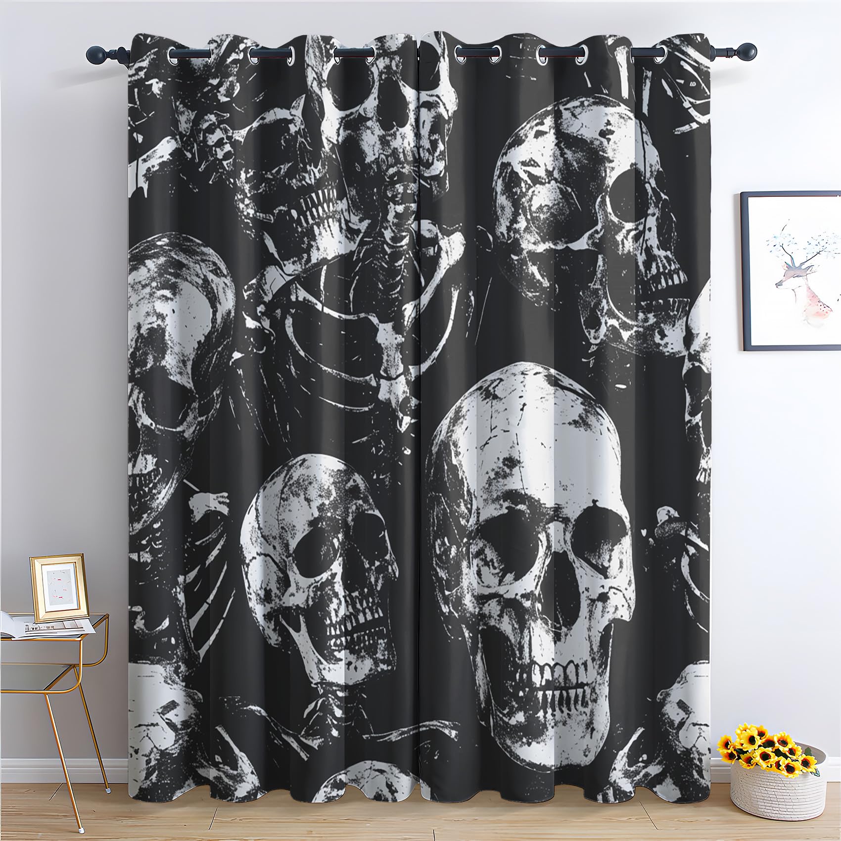 Zcwl Skull Curtains For Bedroom Living Room, Gothic Black Patterned Blackout Curtains, Thermal Insulated Eyelet Curtain, 84 Drop Window Treatments Drapes, 52X84 Inch (W X L), 2 Panels