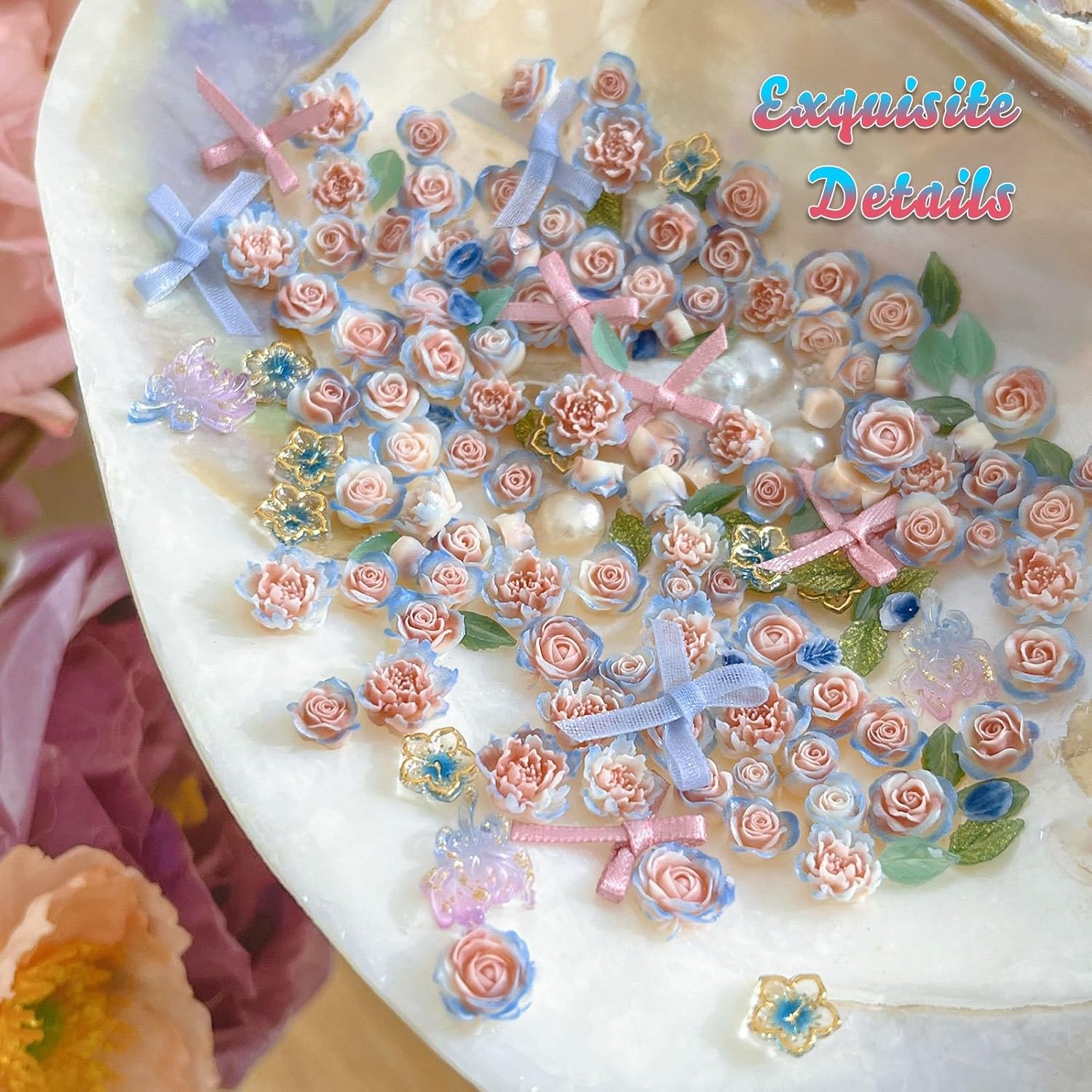 3D Blue Pink Rose Charms for Nails Design | Flower Bow Pearl leaf Art Nail Charms, Manicure DIY Decoration Accessories Supplies for Women Girls, 1 Pack