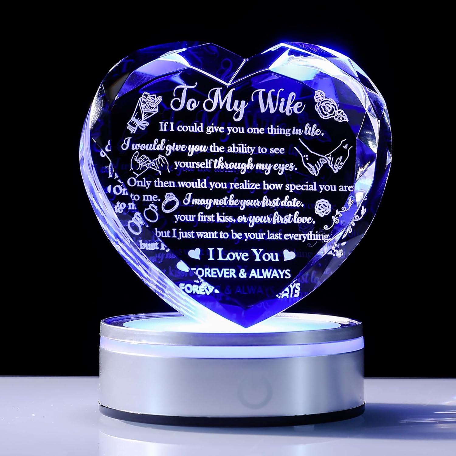 To My Wife Crystal Heart Gift - "If I Could Give You One Thing..." Laser Engraved Love Message with Colorful LED Base, Meaningful Wedding Anniversary Birthday Gift for Her from Husband, Eternal Keepsake Home Decor
