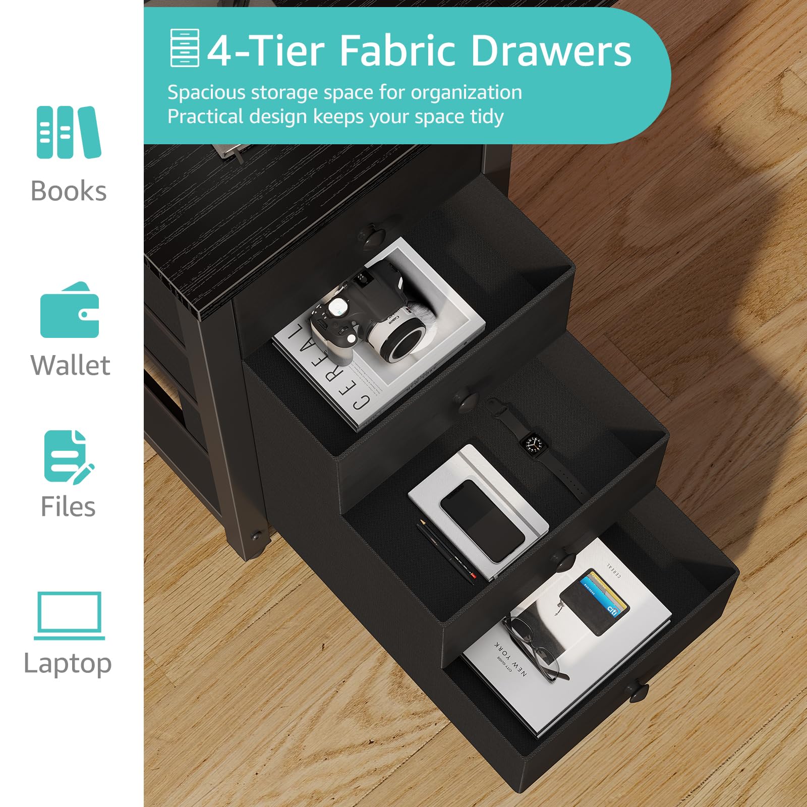 Lufeiya Small Gaming Desk with 4 Fabric Drawers, 40 Inch Kids Girls Teen Cute Study Desk for Bedroom, Reversible Work Computer Writing Table Desks for Small Space Home Office, Black: Black 55.1"