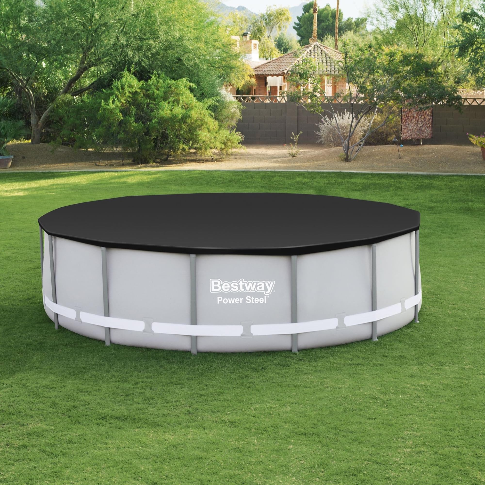 Bestway Flowclear PVC-Poolabdeckung rund 4,6 m für oberirdische Rahmenpools mit Abflusslöchern und sicheren Spannseilen, Schwarz (nur Abdeckung)
