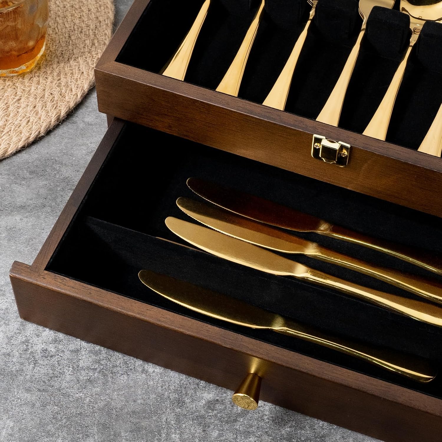 Silverware Box, 2-Layer Wooden Silverware Storage Box with Glass Lid, 14.5×10.6 Inches Luxury Style Decor Flatware Storage Case for Fine Flatware & Utensils, Gift Idea (Walnut) - Image 7