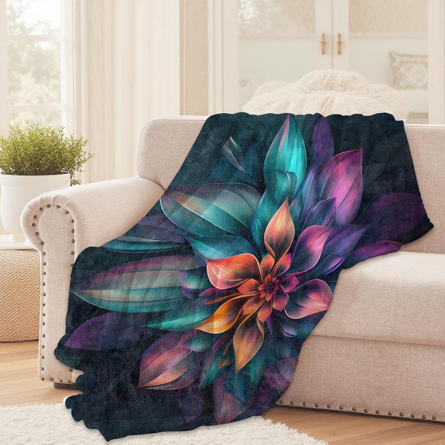 Colorful Flower Throw Blanket for Girls Boys Kids Adults, 50x60 in, Cozy Flannel Blanket for Bedroom, Camping, Couch, Room Decor, Fuzzy Warm Soft Gifts