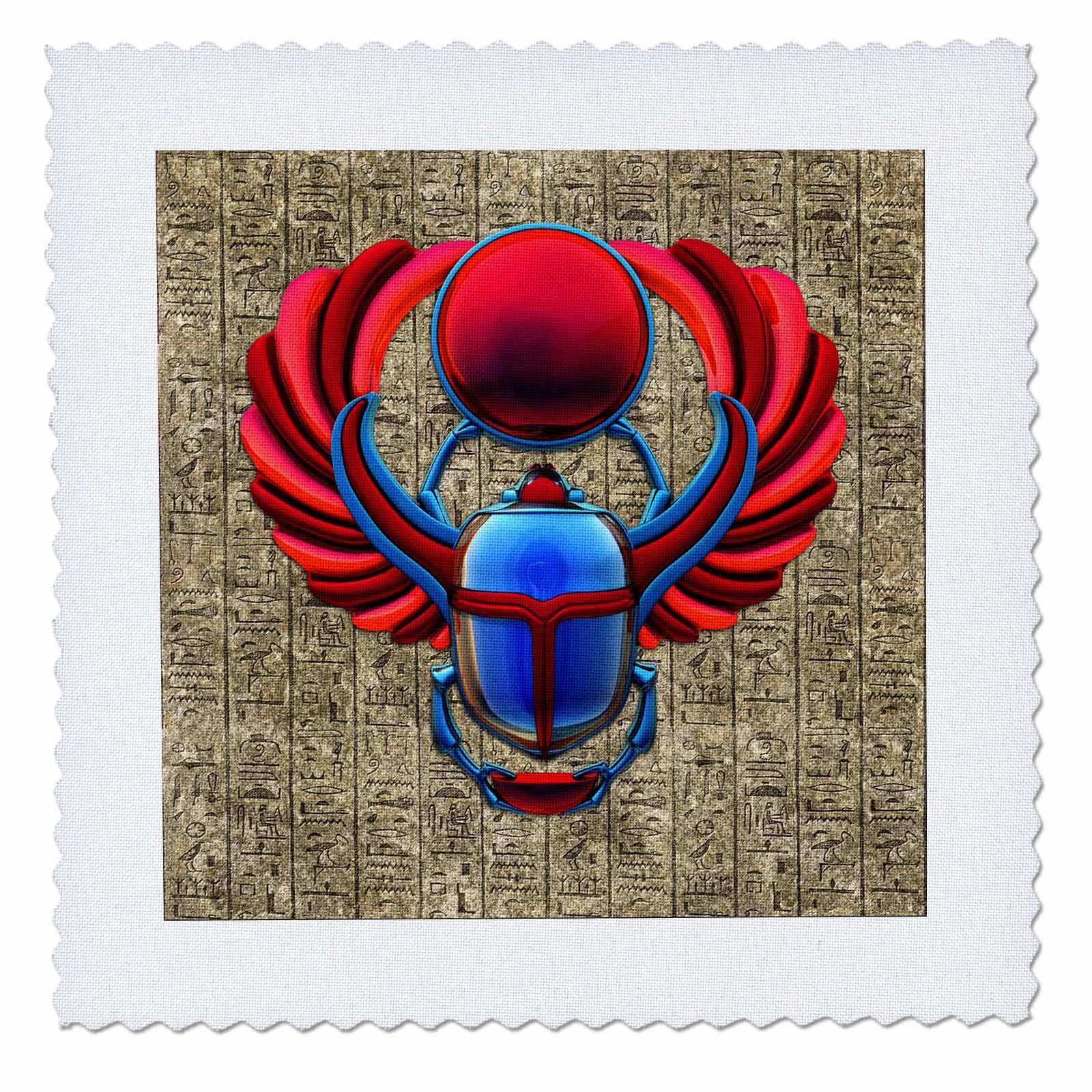 20x20 inch Quilt Square - Red and Blue Egyptian Scarab Beetle on Hieroglyph Wall Design. Creative Studios – Egyptian Hieroglyphs