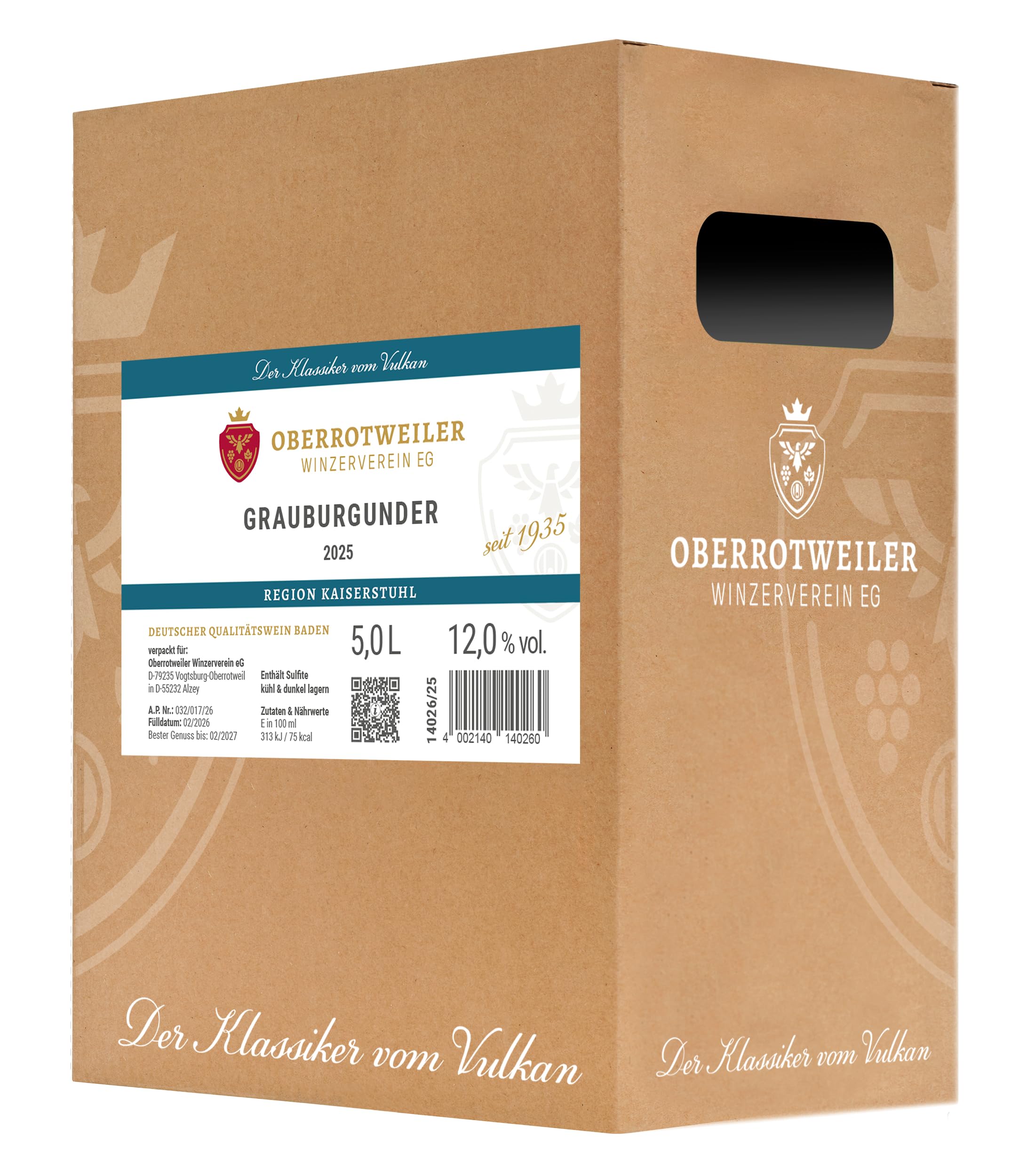 Oberrotweiler Grauburgunder Wein-Box 5 Liter QbA - zarte Fruchtaromen nach Pfirsich, Apfel und Zitrusfrüchten - Badischer Wein (1 x 5,0 l Bag-in-Box)