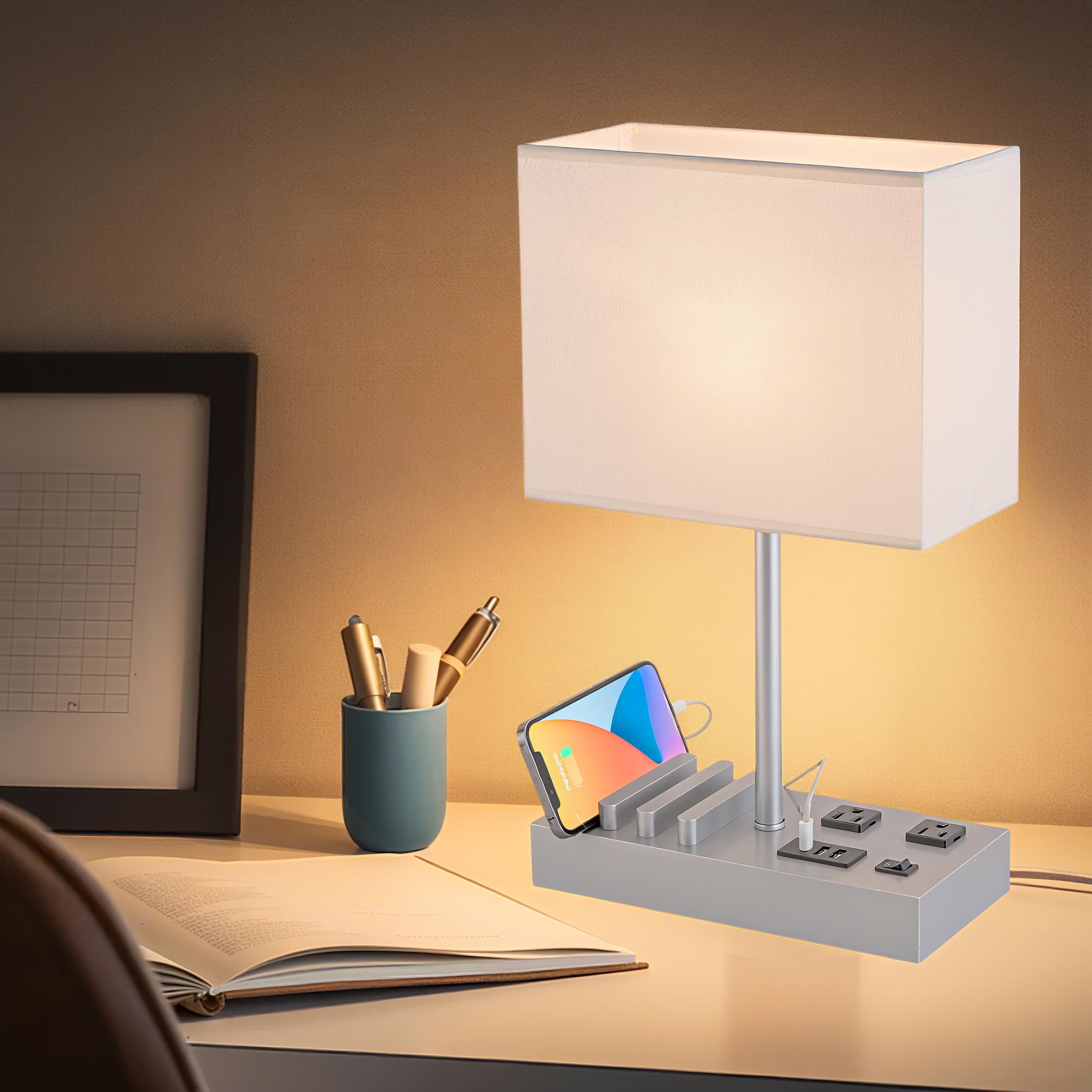 Dreamholder Desk Lamp with 3 USB Charging Ports, Table Lamp with 2AC Outlets and 3 Phone Stands, Nightstand Bedside Lamp with Natural Wooden Base and Cream Linen Shade: Silver Wood Base