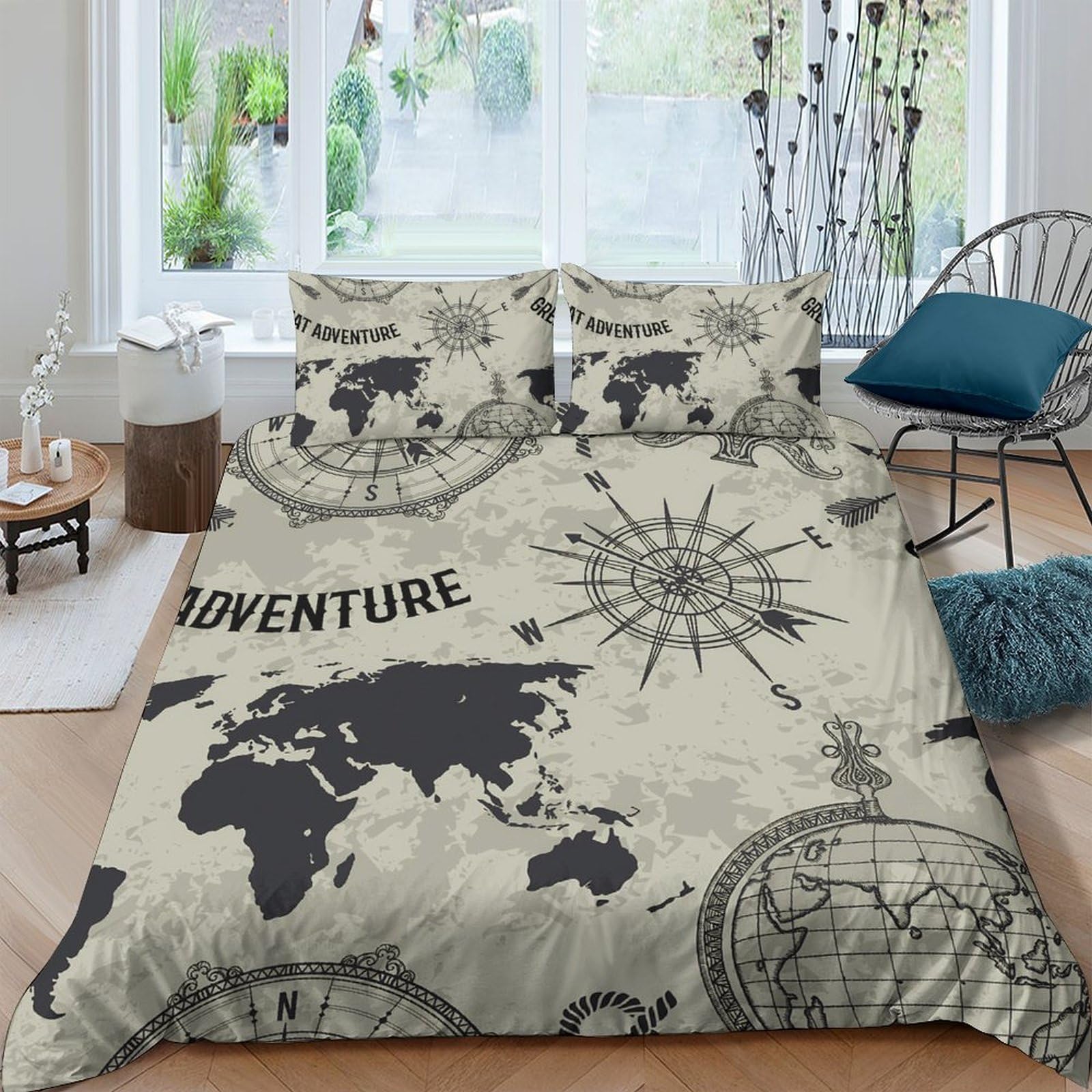 Ctjqhvkz Style-4 3D Printed Vintage World Map Fitted Sheet Microfiber Compass Adventure Mattress Cover For Bedroom Guestroom Home Decor Single（135X200cm）
