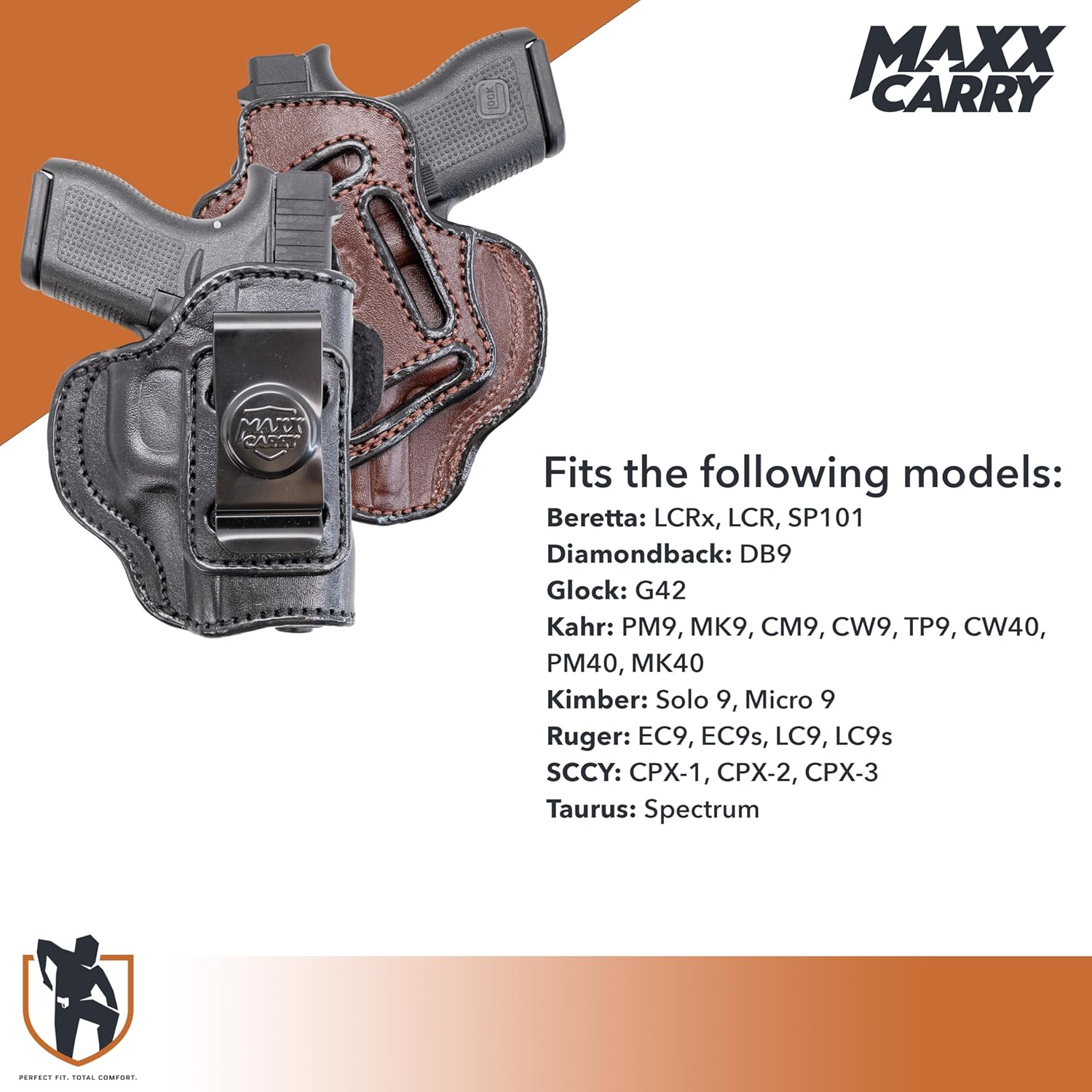 Maxx Carry Multi-Carry 4-Way OWB & IWB Leather Gun Holster fits G 42 380 Auto | Ruger EC9s, LC9s, LC9 | SCCY CPX-2 | Taurus Spectrum | Beretta Tomcat | Diamondback DB9 | Kahr PM9, MK9, CM9, CW40